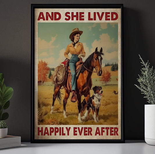 And She Lived Happily Ever After, Vintage Cowgirl Canvas Painting, Inspirational Quotes Wall Art Decor, Poster Gift For Cowboy Lovers