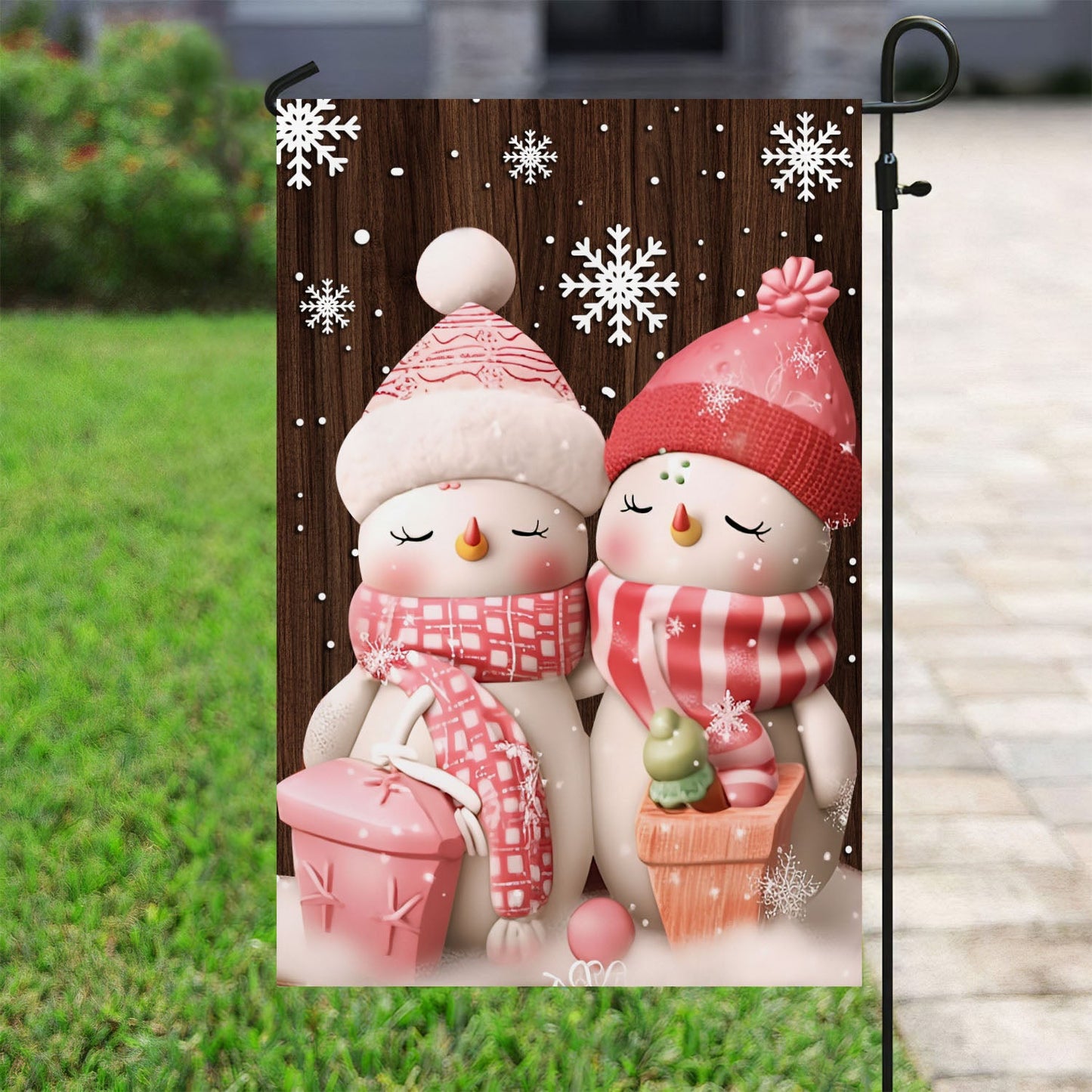 Cute Couple Wearing Scarf And Hat, Snowman Xmas Garden Flag & House Flag, Christmas Flag Gift For Snowman Lovers