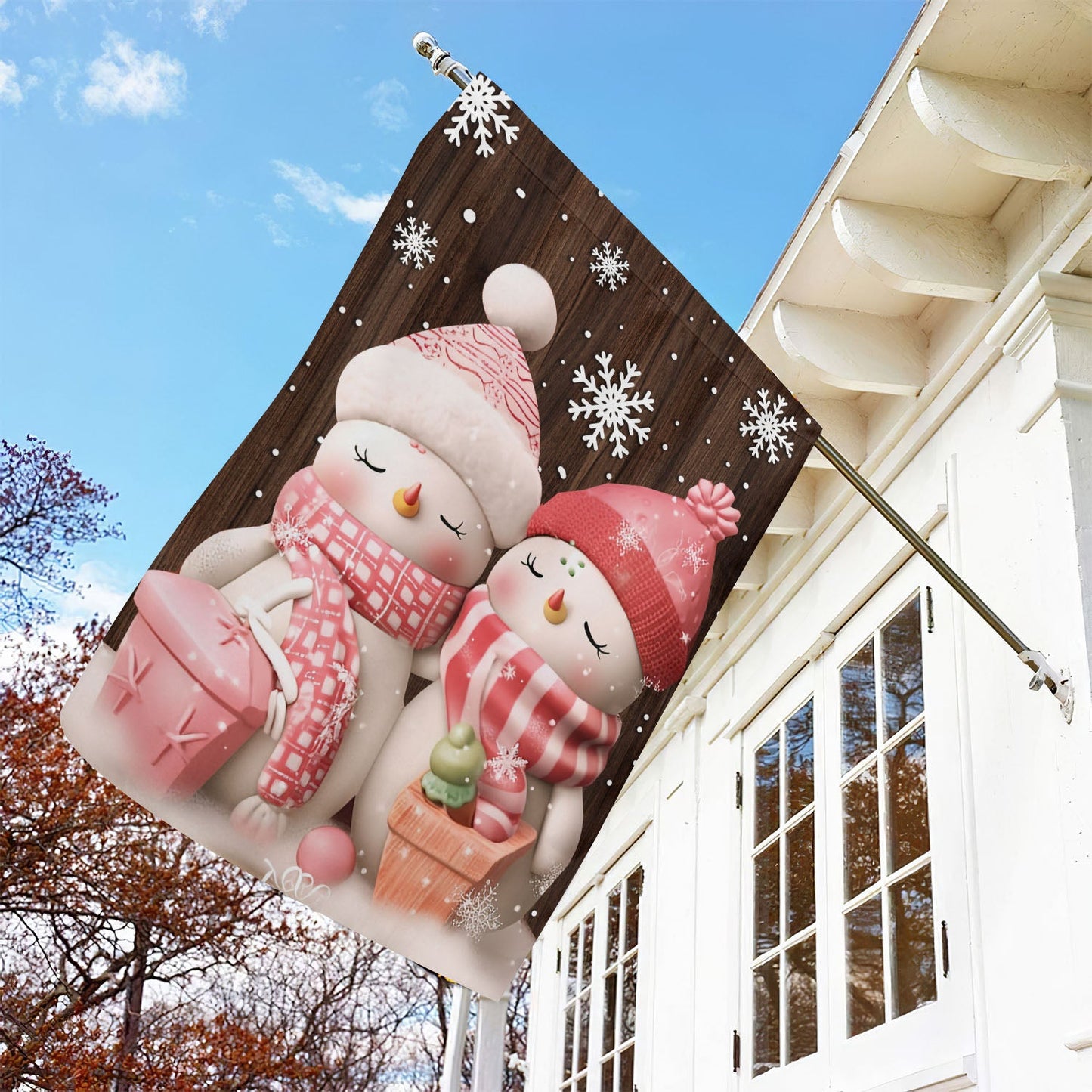 Cute Couple Wearing Scarf And Hat, Snowman Xmas Garden Flag & House Flag, Christmas Flag Gift For Snowman Lovers