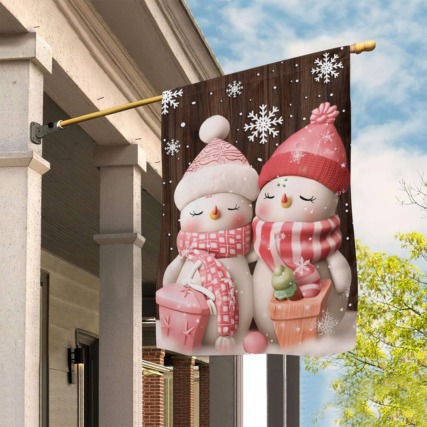 Cute Couple Wearing Scarf And Hat, Snowman Xmas Garden Flag & House Flag, Christmas Flag Gift For Snowman Lovers