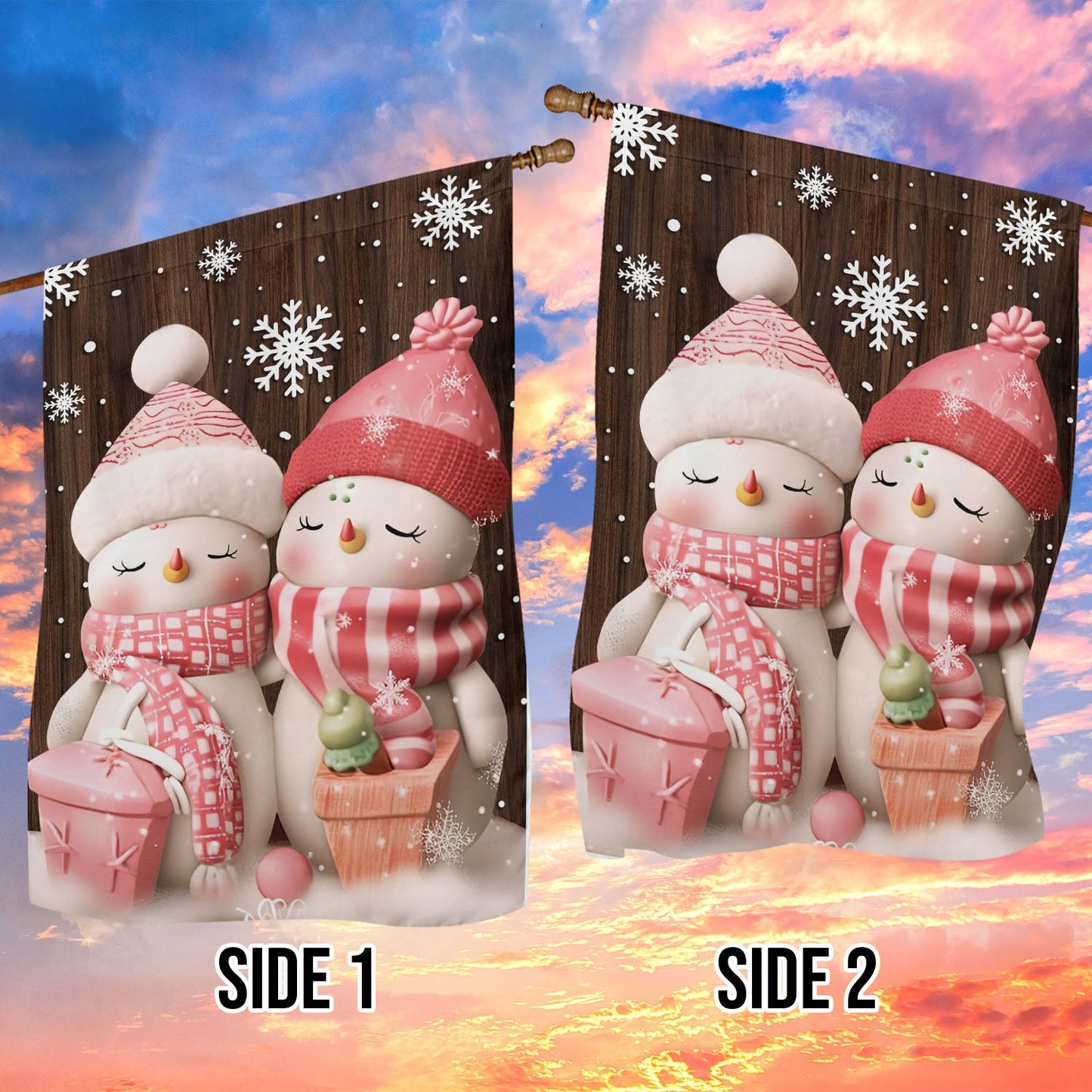 Cute Couple Wearing Scarf And Hat, Snowman Xmas Garden Flag & House Flag, Christmas Flag Gift For Snowman Lovers