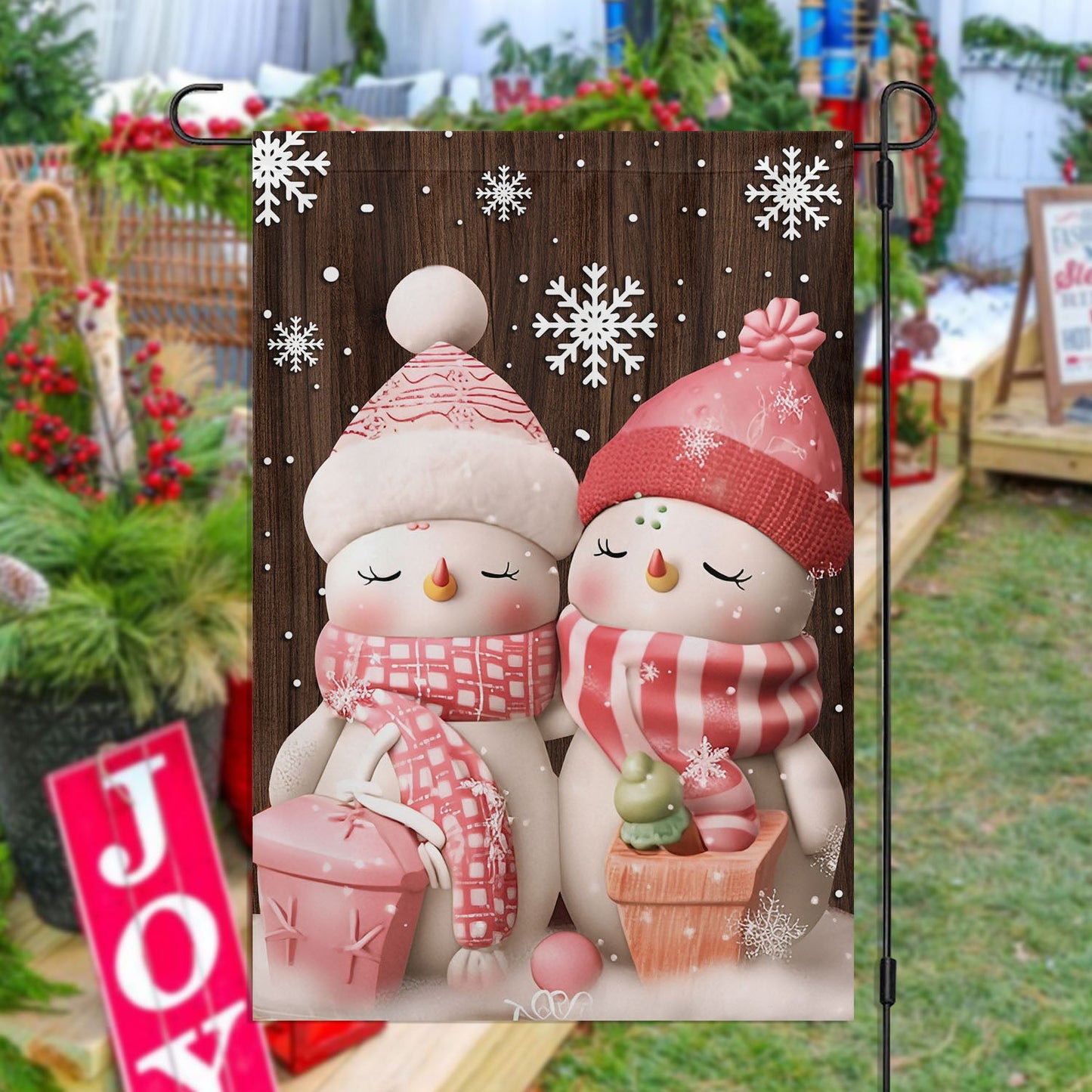 Cute Couple Wearing Scarf And Hat, Snowman Xmas Garden Flag & House Flag, Christmas Flag Gift For Snowman Lovers