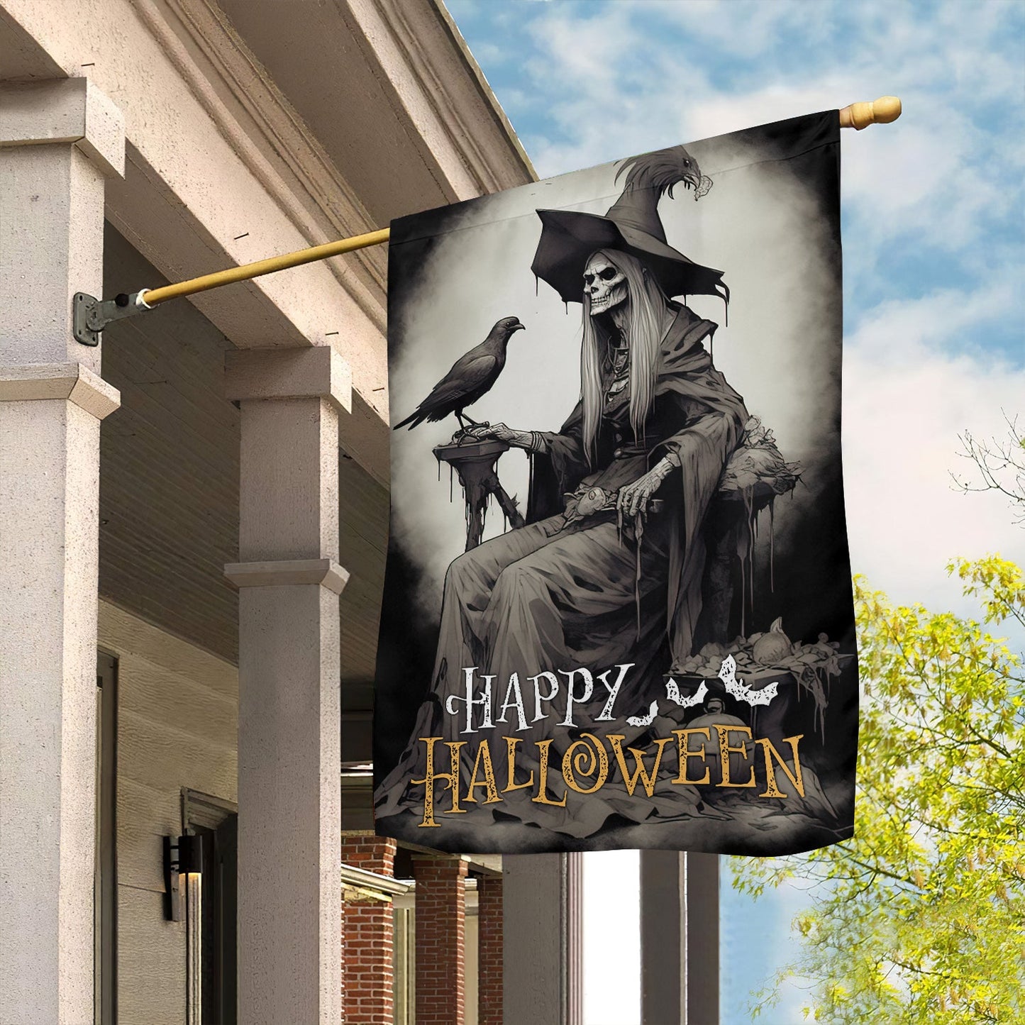 Halloween Old Witch Flag, The Spooky Witch With Bird On Hand Painting Happy Halloween, Flag Gift For Halloween Decor, Gift For Garden Flag