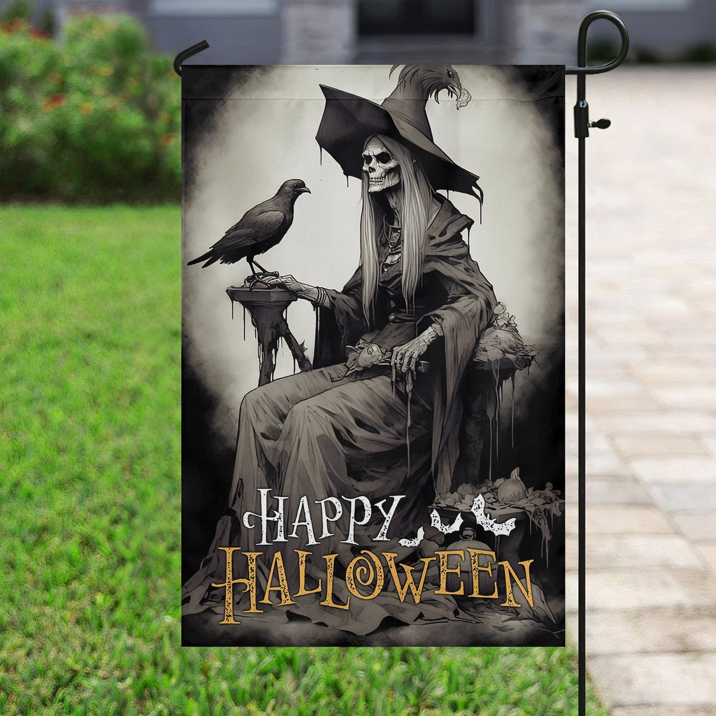 Halloween Old Witch Flag, The Spooky Witch With Bird On Hand Painting Happy Halloween, Flag Gift For Halloween Decor, Gift For Garden Flag