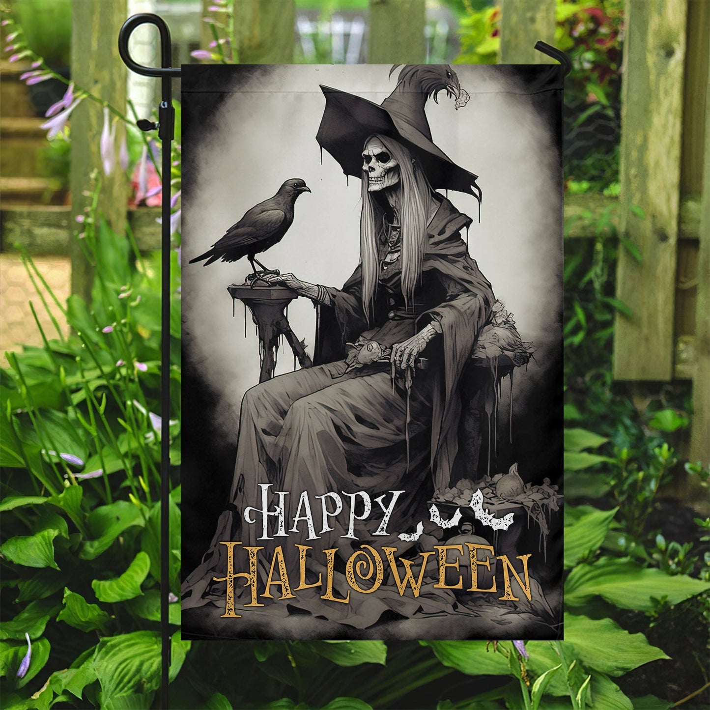 Halloween Old Witch Flag, The Spooky Witch With Bird On Hand Painting Happy Halloween, Flag Gift For Halloween Decor, Gift For Garden Flag