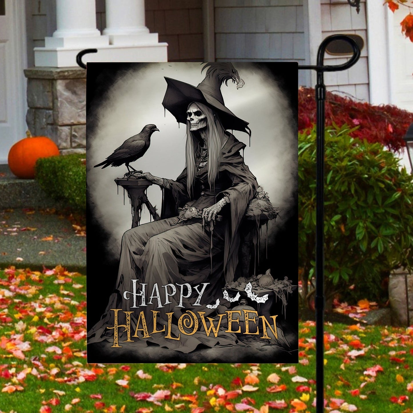 Halloween Old Witch Flag, The Spooky Witch With Bird On Hand Painting Happy Halloween, Flag Gift For Halloween Decor, Gift For Garden Flag