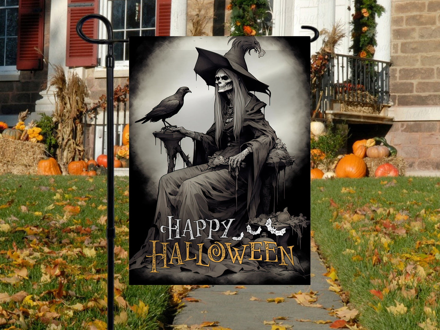 Halloween Old Witch Flag, The Spooky Witch With Bird On Hand Painting Happy Halloween, Flag Gift For Halloween Decor, Gift For Garden Flag