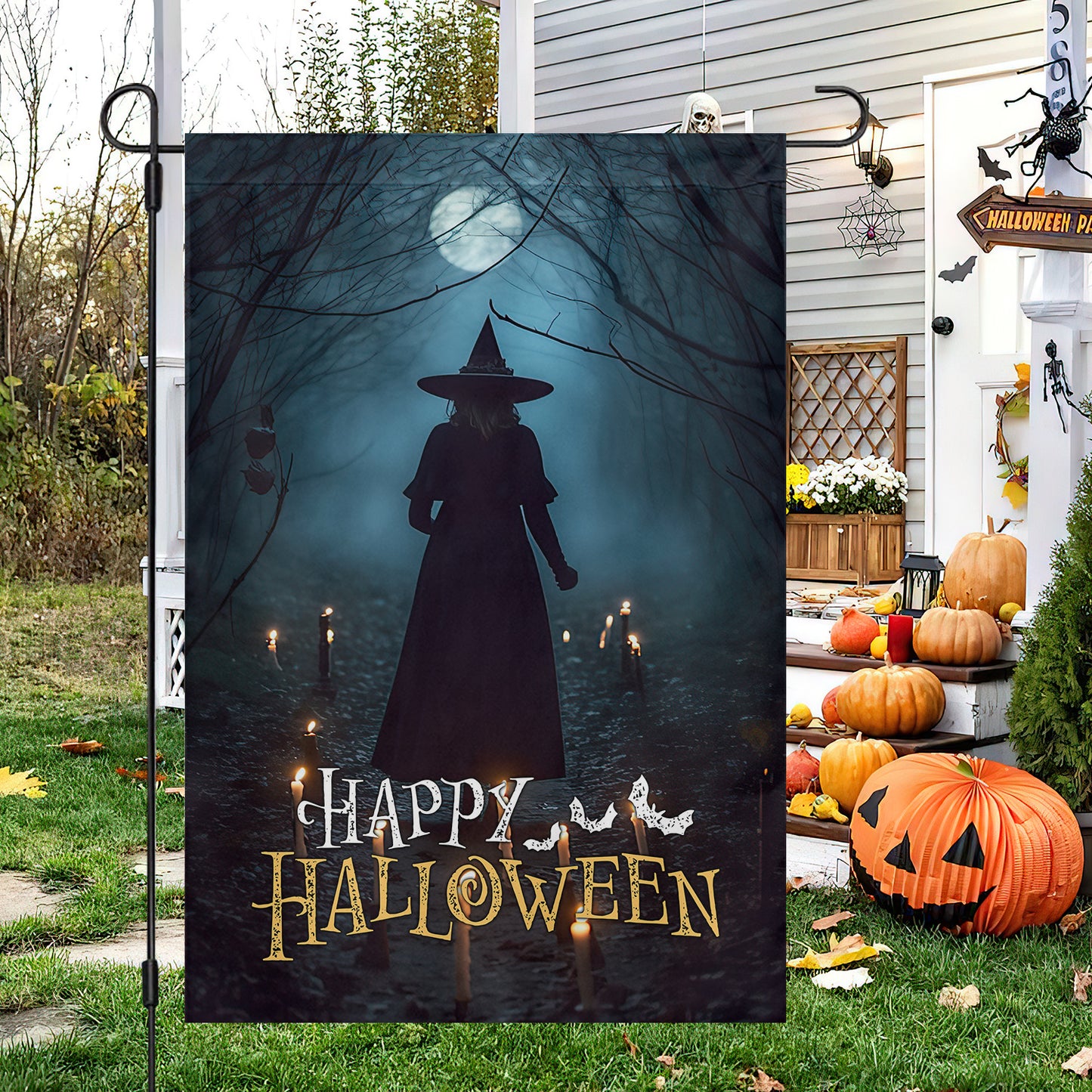 Halloween Witch Flag, The Witch In The Dark Forest Around Candles Happy Halloween, Flag Gift For Halloween Decor, Gift For Garden Flag