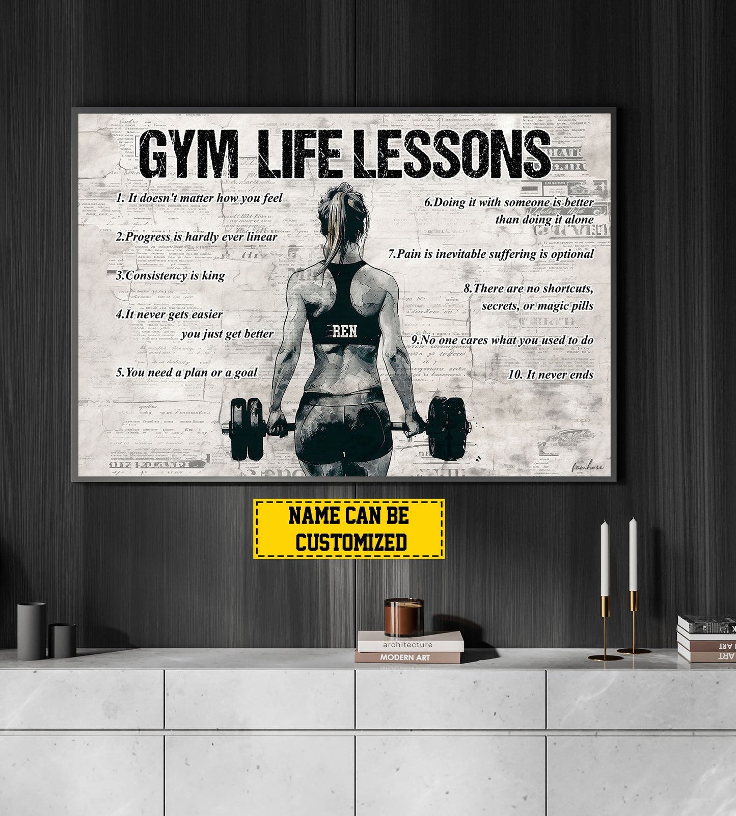 Gym Life Lessons, Personalized Motivational Gym Girl Canvas Painting, Inspirational Quotes Wall Art Decor, Poster Gift For Gym Lovers