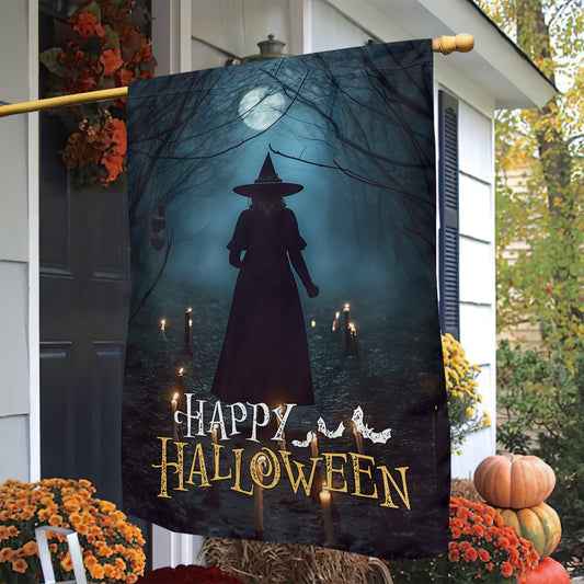 Halloween Witch Flag, The Witch In The Dark Forest Around Candles Happy Halloween, Flag Gift For Halloween Decor, Gift For Garden Flag