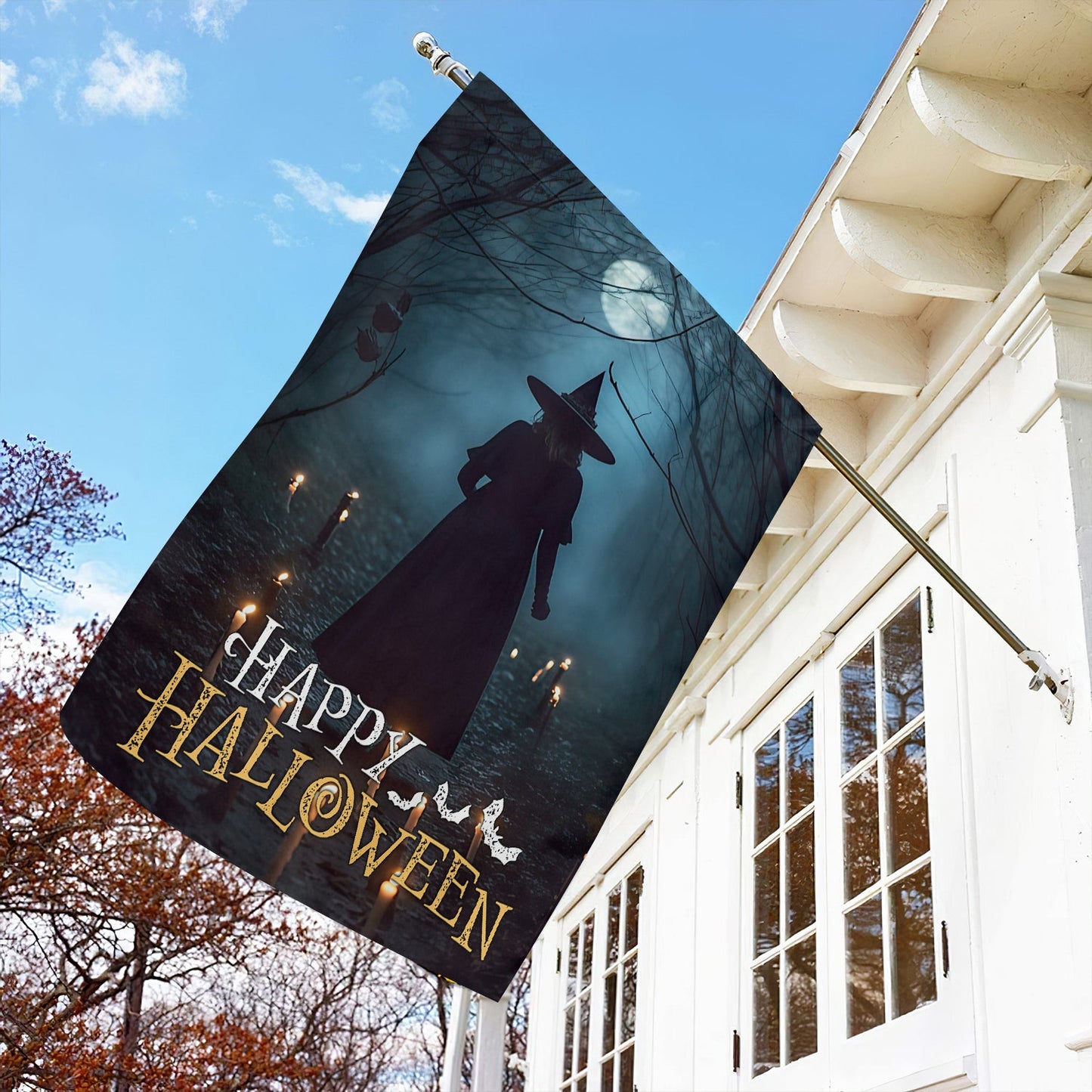 Halloween Witch Flag, The Witch In The Dark Forest Around Candles Happy Halloween, Flag Gift For Halloween Decor, Gift For Garden Flag