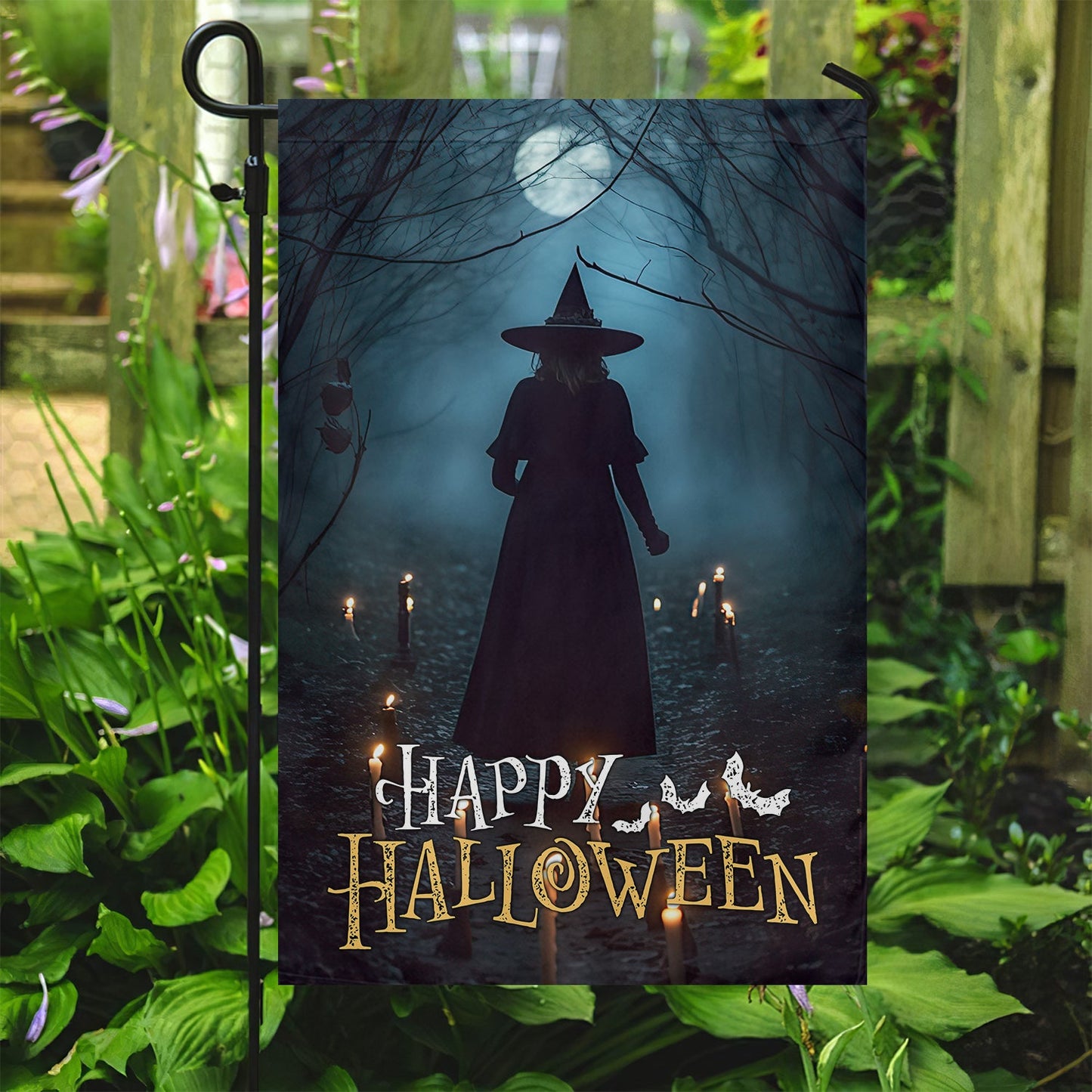 Halloween Witch Flag, The Witch In The Dark Forest Around Candles Happy Halloween, Flag Gift For Halloween Decor, Gift For Garden Flag