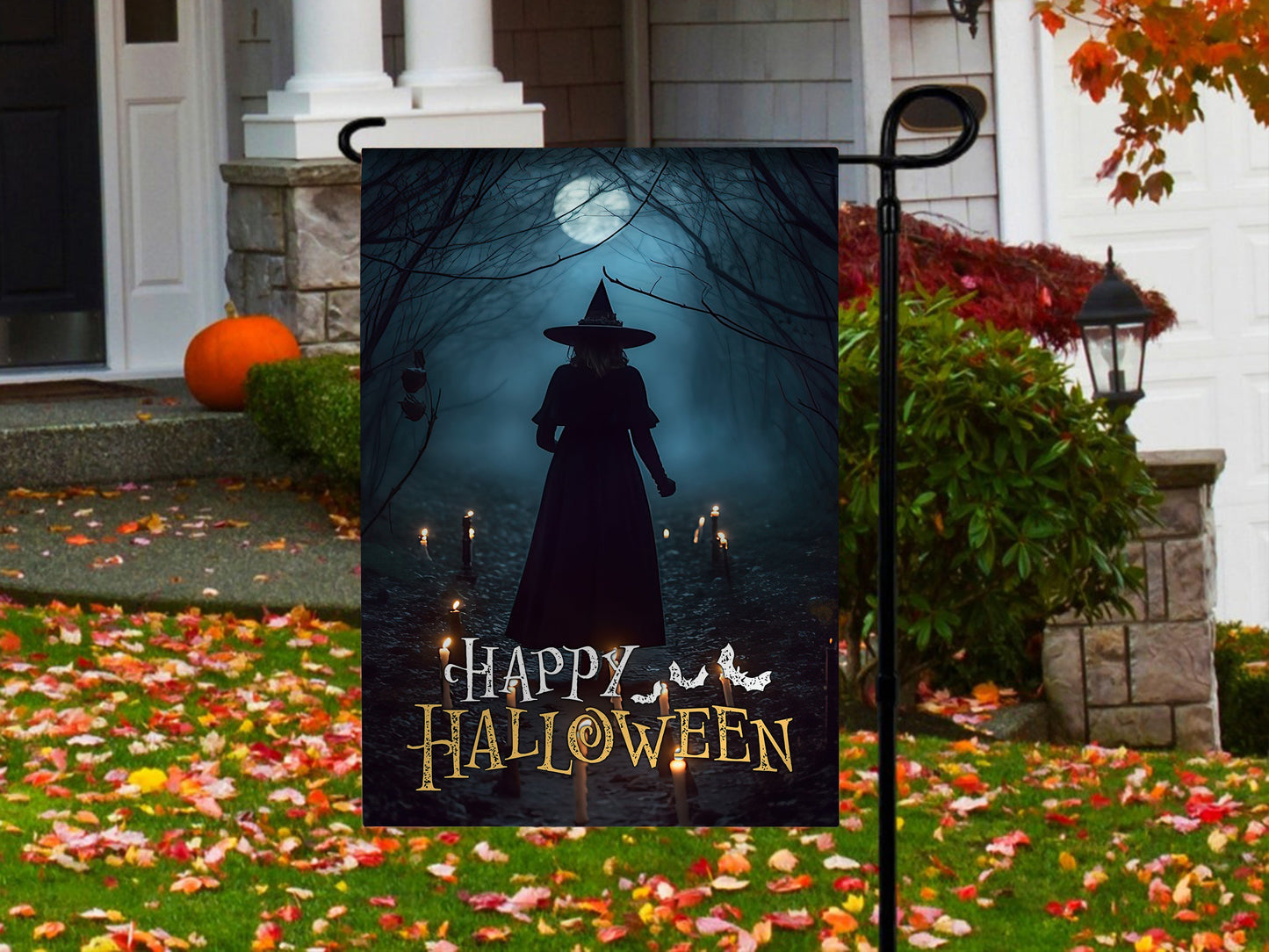 Halloween Witch Flag, The Witch In The Dark Forest Around Candles Happy Halloween, Flag Gift For Halloween Decor, Gift For Garden Flag