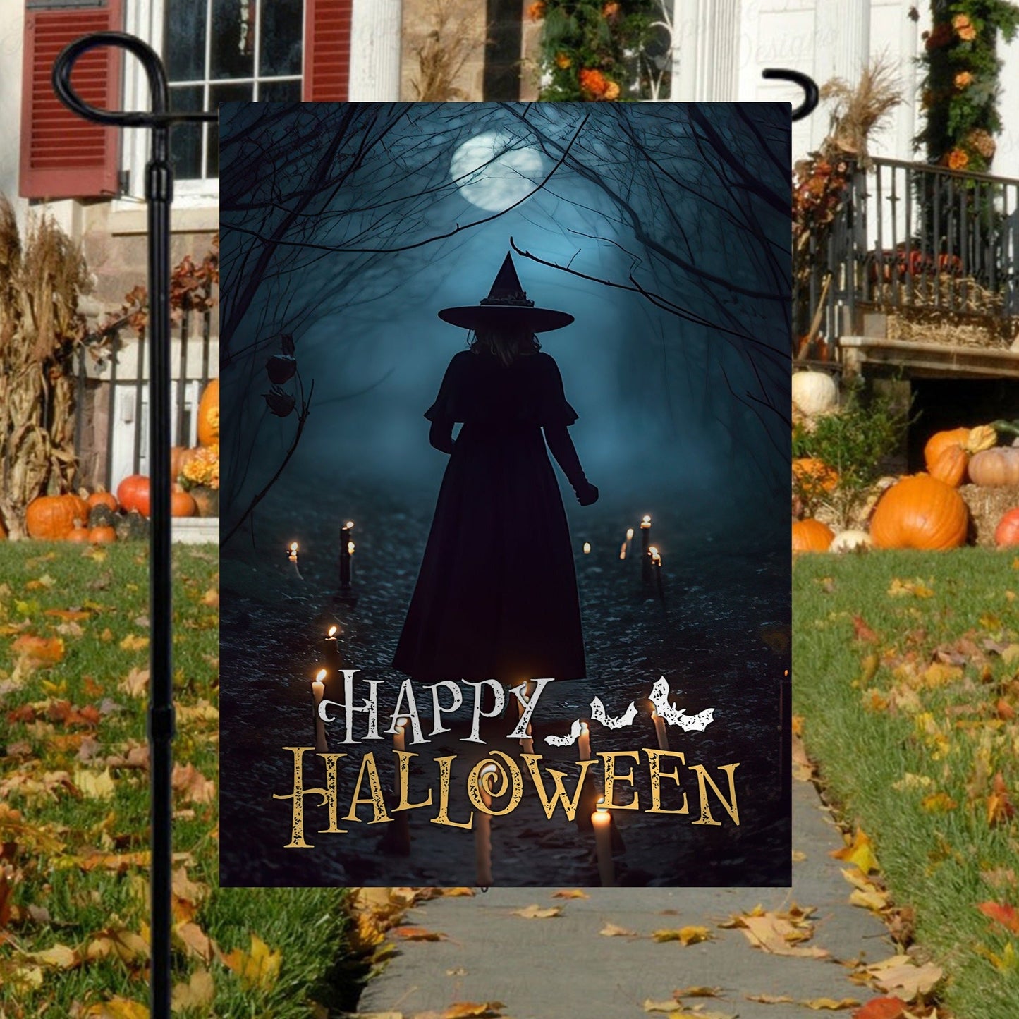 Halloween Witch Flag, The Witch In The Dark Forest Around Candles Happy Halloween, Flag Gift For Halloween Decor, Gift For Garden Flag