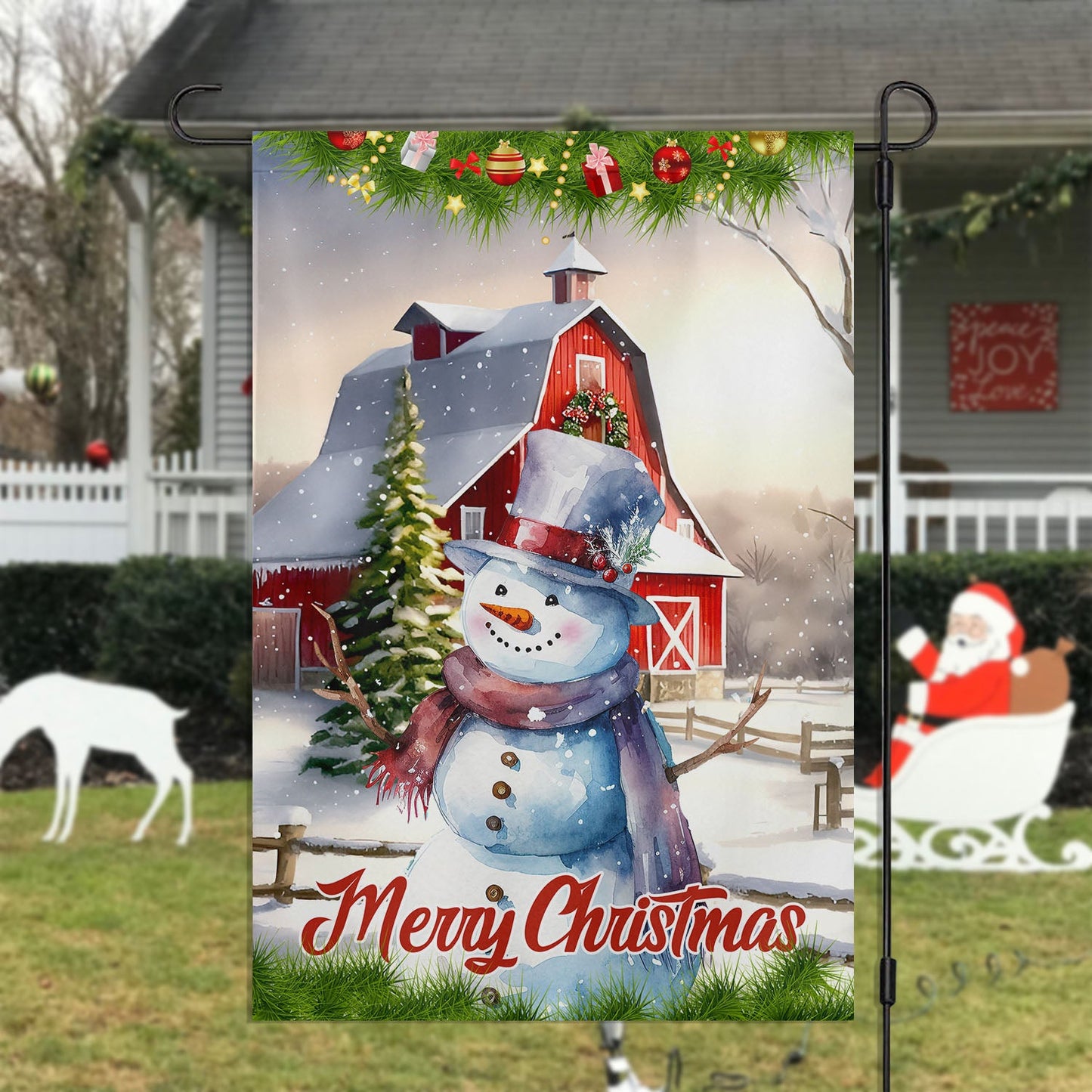 Snowman's Cozy Christmas Barn, Snowman Xmas Garden Flag & House Flag, Christmas Flag Gift For Snowman Lovers