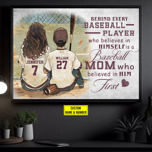 Personalized Mother's Day Baseball Canvas Painting, Behind Every Baseball Player, Inspirational Quotes Wall Art Decor, Poster Gift For Baseball Lovers
