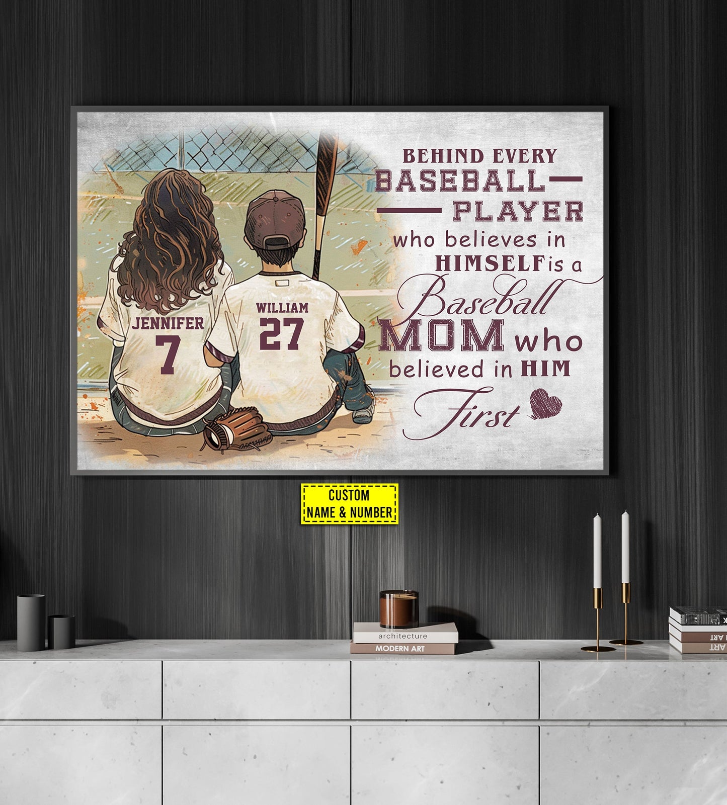 Personalized Mother's Day Baseball Canvas Painting, Behind Every Baseball Player, Inspirational Quotes Wall Art Decor, Poster Gift For Baseball Lovers