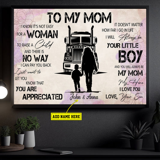 Personalized Mother's Day Trucker Canvas Painting, To My Mom My Hero Love You, Inspirational Quotes Wall Art Decor, Poster Gift Trucker Lovers