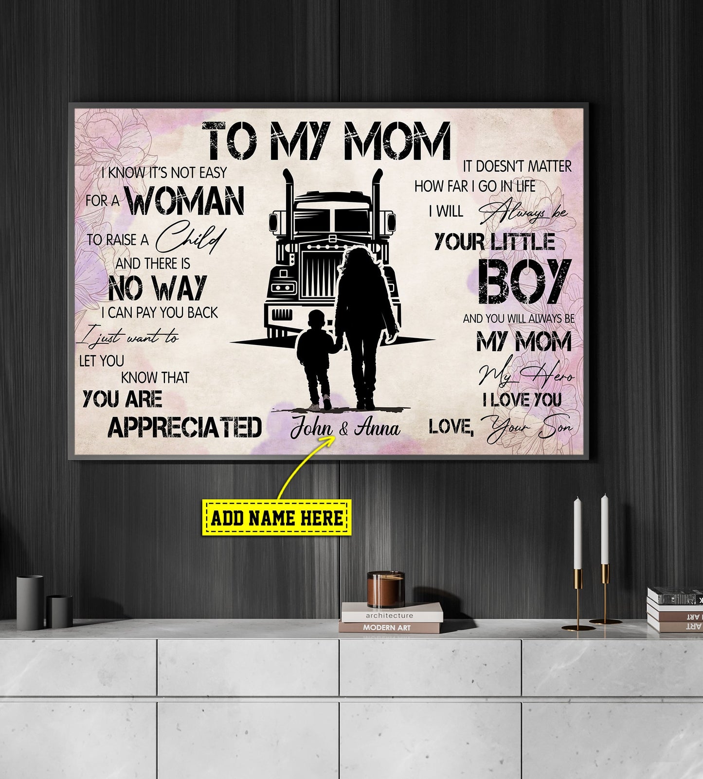 Personalized Mother's Day Trucker Canvas Painting, To My Mom My Hero Love You, Inspirational Quotes Wall Art Decor, Poster Gift Trucker Lovers