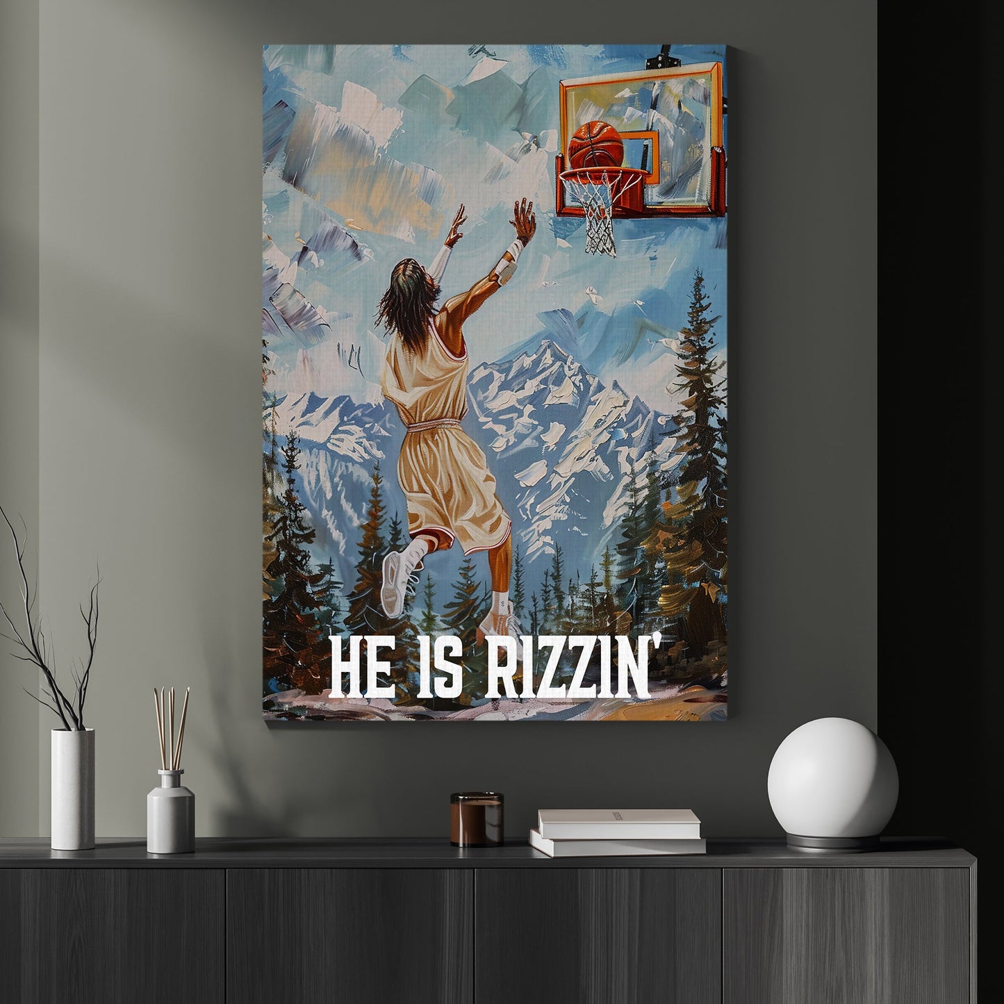 He Is Rizzin, Funny Basketball Canvas Painting, Wall Art Decor, Poster Gift For Basketball Lovers