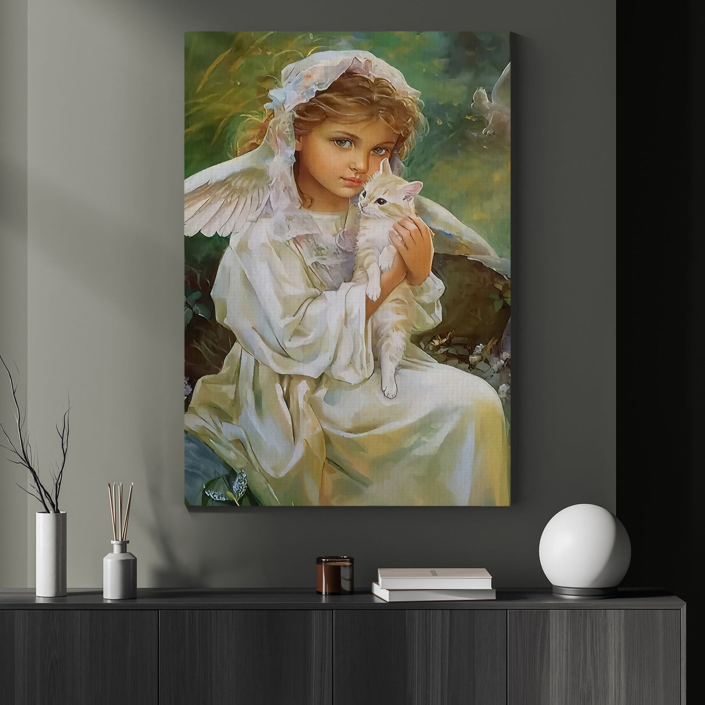 Angel Holding Kitten, Valentine's Day Angel Canvas Painting, Love Wall Art Decor - Valentines Poster Gift For Cat Lovers