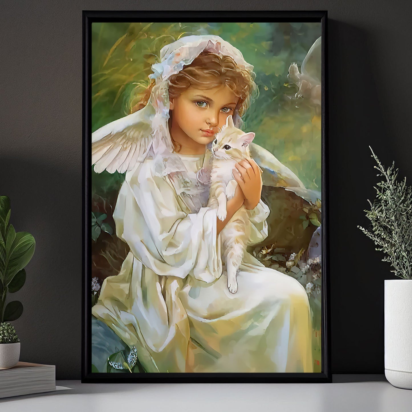 Angel Holding Kitten, Valentine's Day Angel Canvas Painting, Love Wall Art Decor - Valentines Poster Gift For Cat Lovers