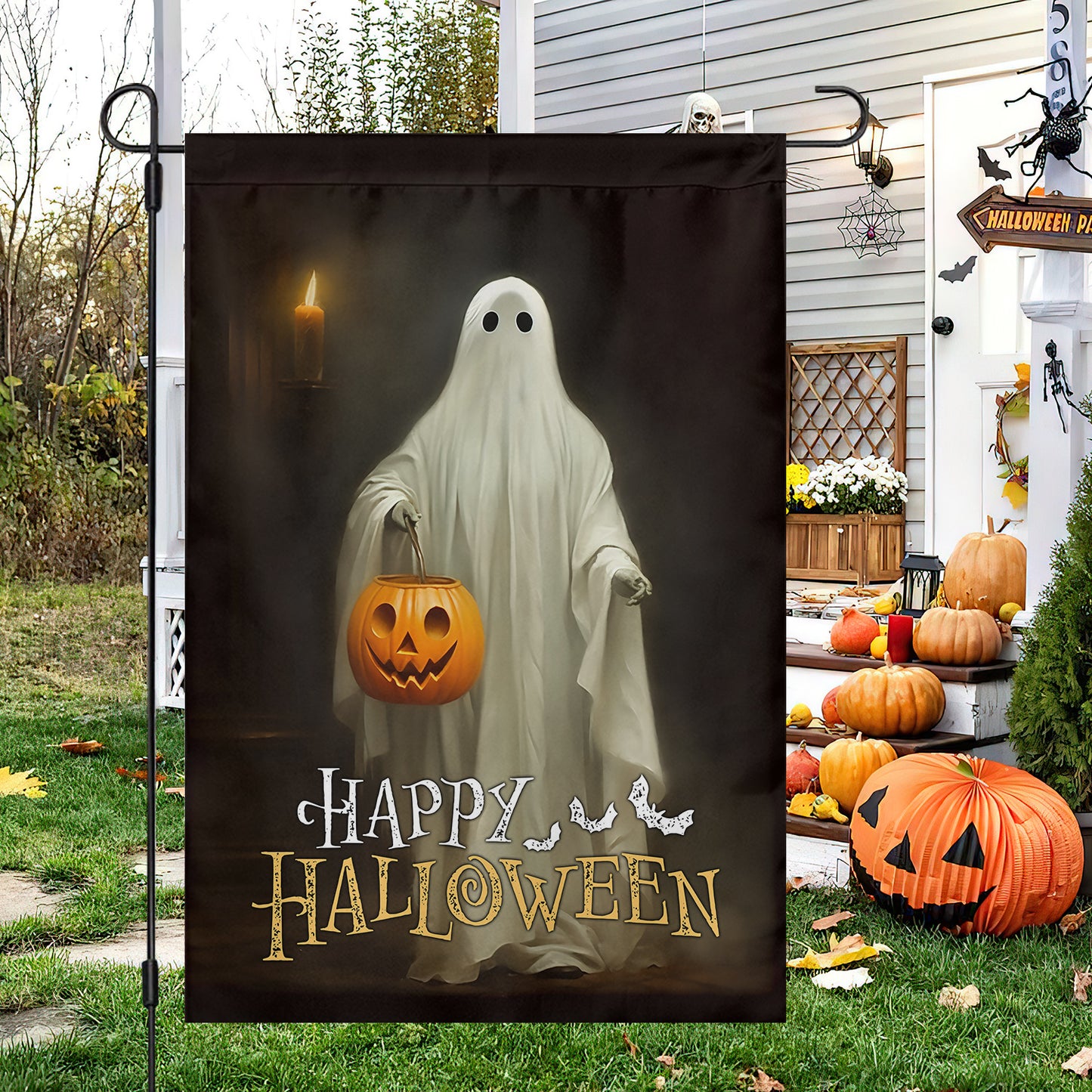 Halloween Ghost Flag, Ghost Stand Alone Holding A Pumpkin Happy Halloween, Flag Gift For Halloween Decor, Gift For Garden Flag