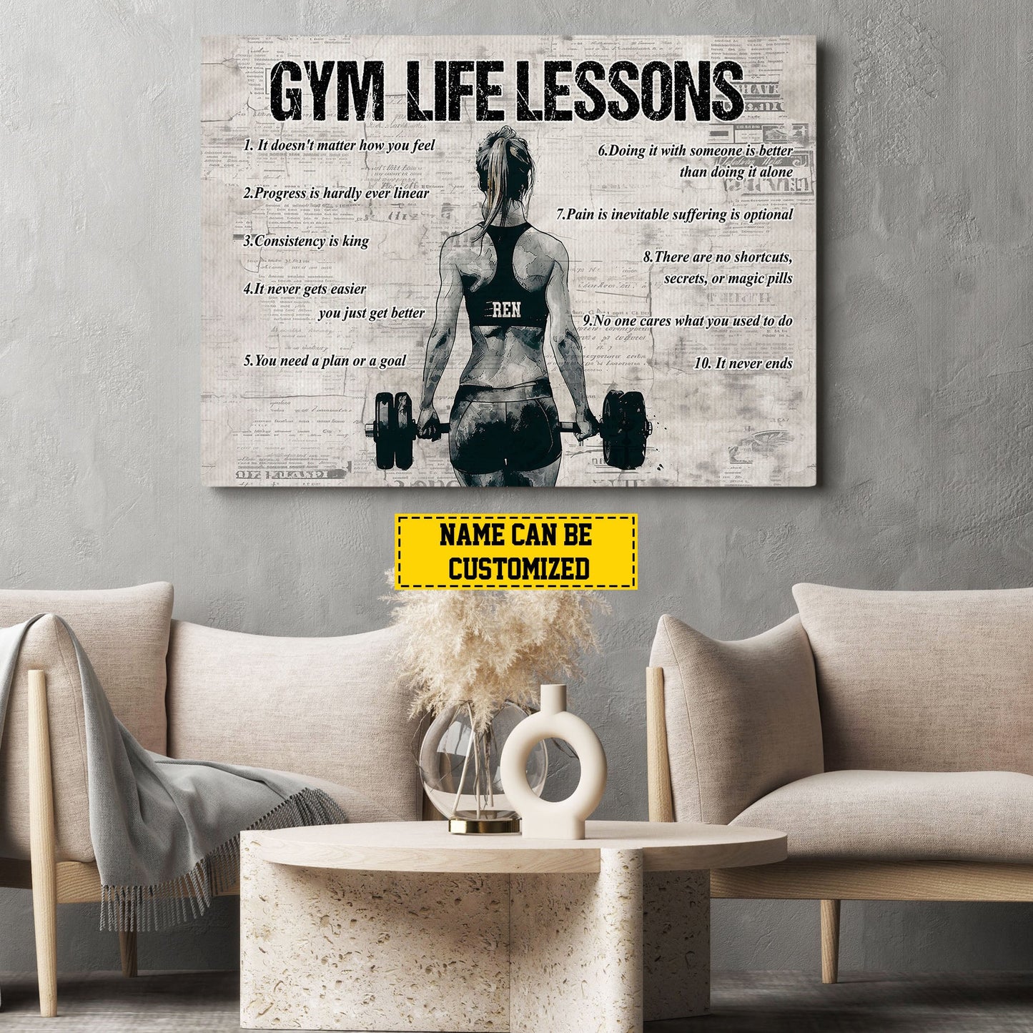Gym Life Lessons, Personalized Motivational Gym Girl Canvas Painting, Inspirational Quotes Wall Art Decor, Poster Gift For Gym Lovers