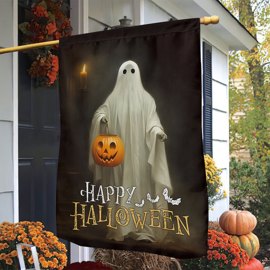Halloween Ghost Flag, Ghost Stand Alone Holding A Pumpkin Happy Halloween, Flag Gift For Halloween Decor, Gift For Garden Flag