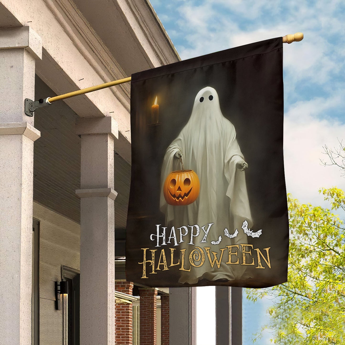 Halloween Ghost Flag, Ghost Stand Alone Holding A Pumpkin Happy Halloween, Flag Gift For Halloween Decor, Gift For Garden Flag