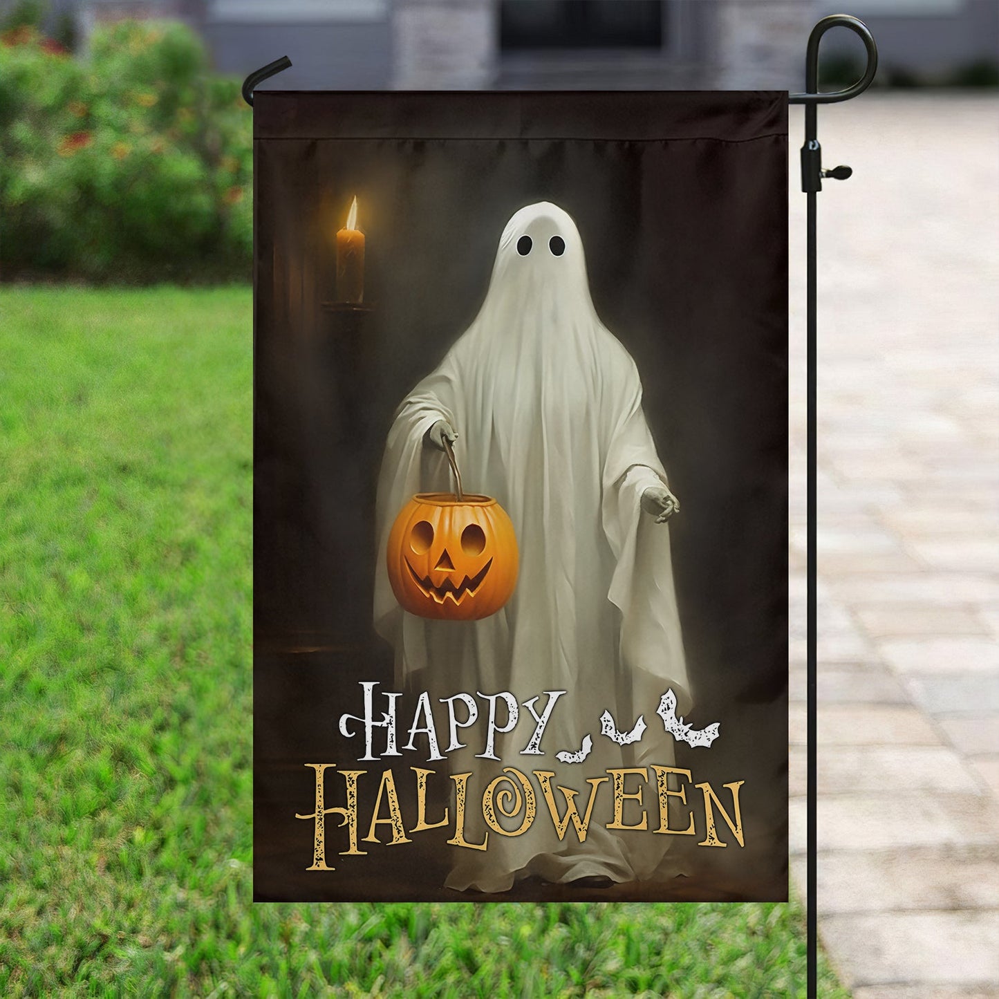 Halloween Ghost Flag, Ghost Stand Alone Holding A Pumpkin Happy Halloween, Flag Gift For Halloween Decor, Gift For Garden Flag