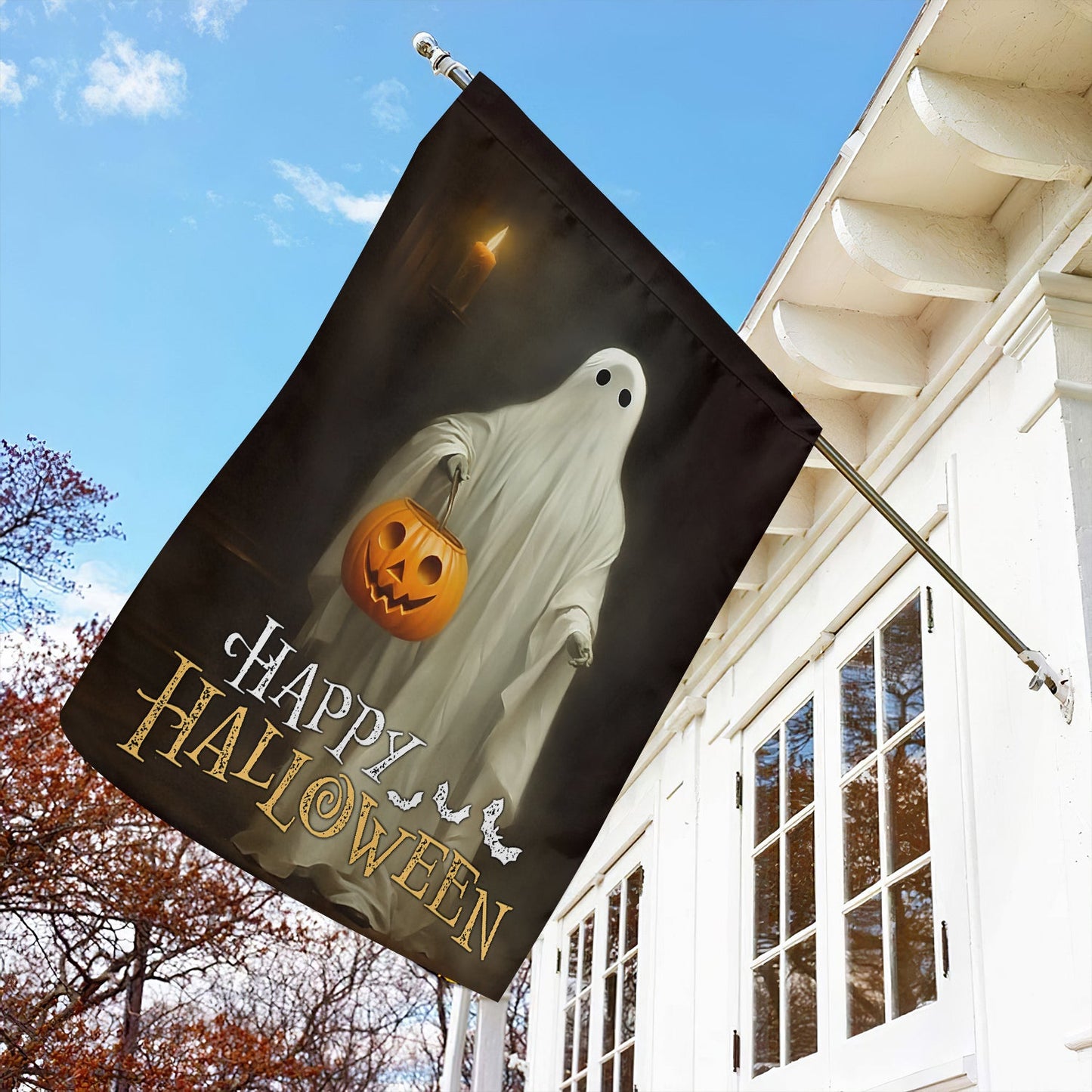 Halloween Ghost Flag, Ghost Stand Alone Holding A Pumpkin Happy Halloween, Flag Gift For Halloween Decor, Gift For Garden Flag