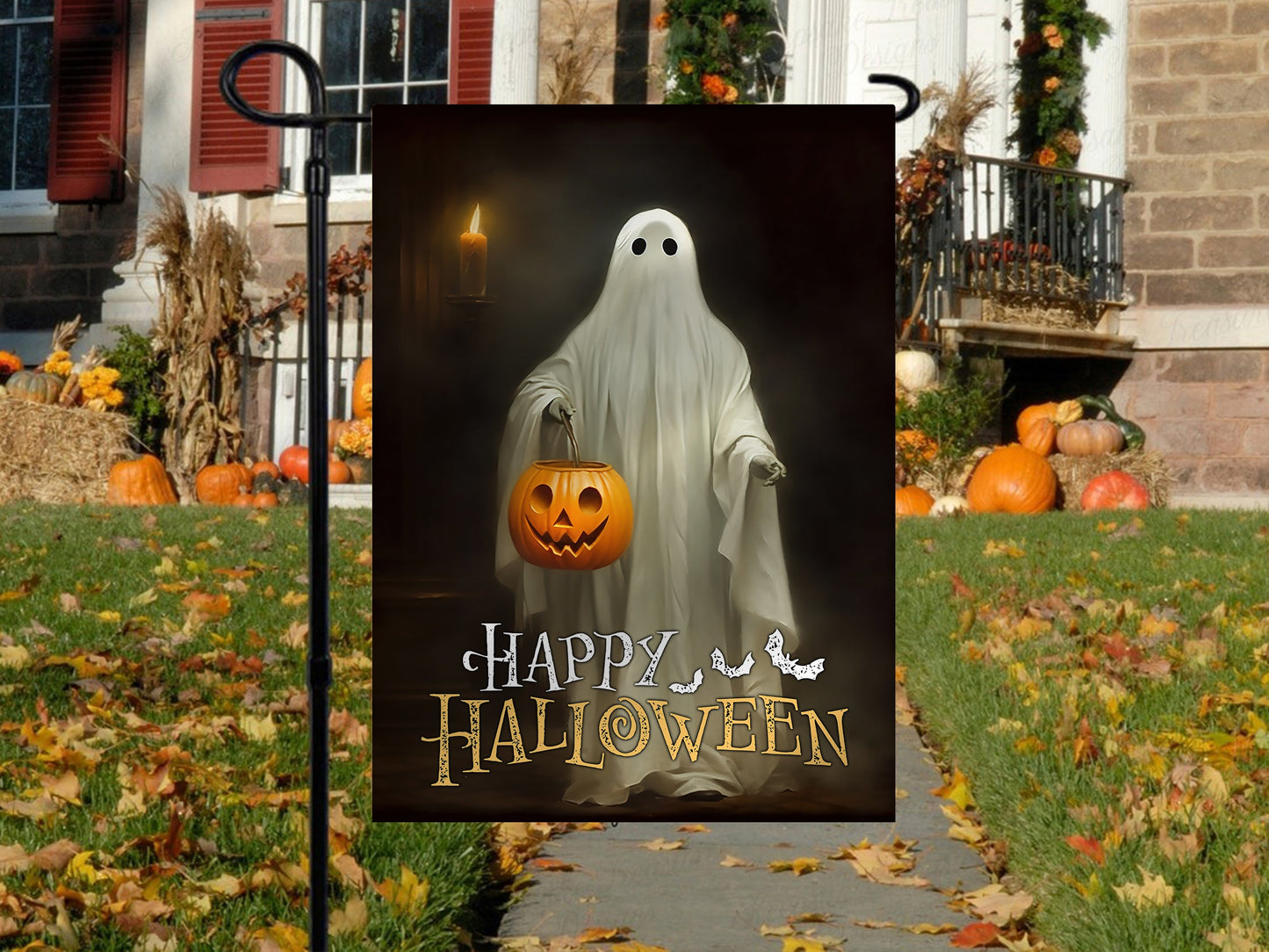 Halloween Ghost Flag, Ghost Stand Alone Holding A Pumpkin Happy Halloween, Flag Gift For Halloween Decor, Gift For Garden Flag