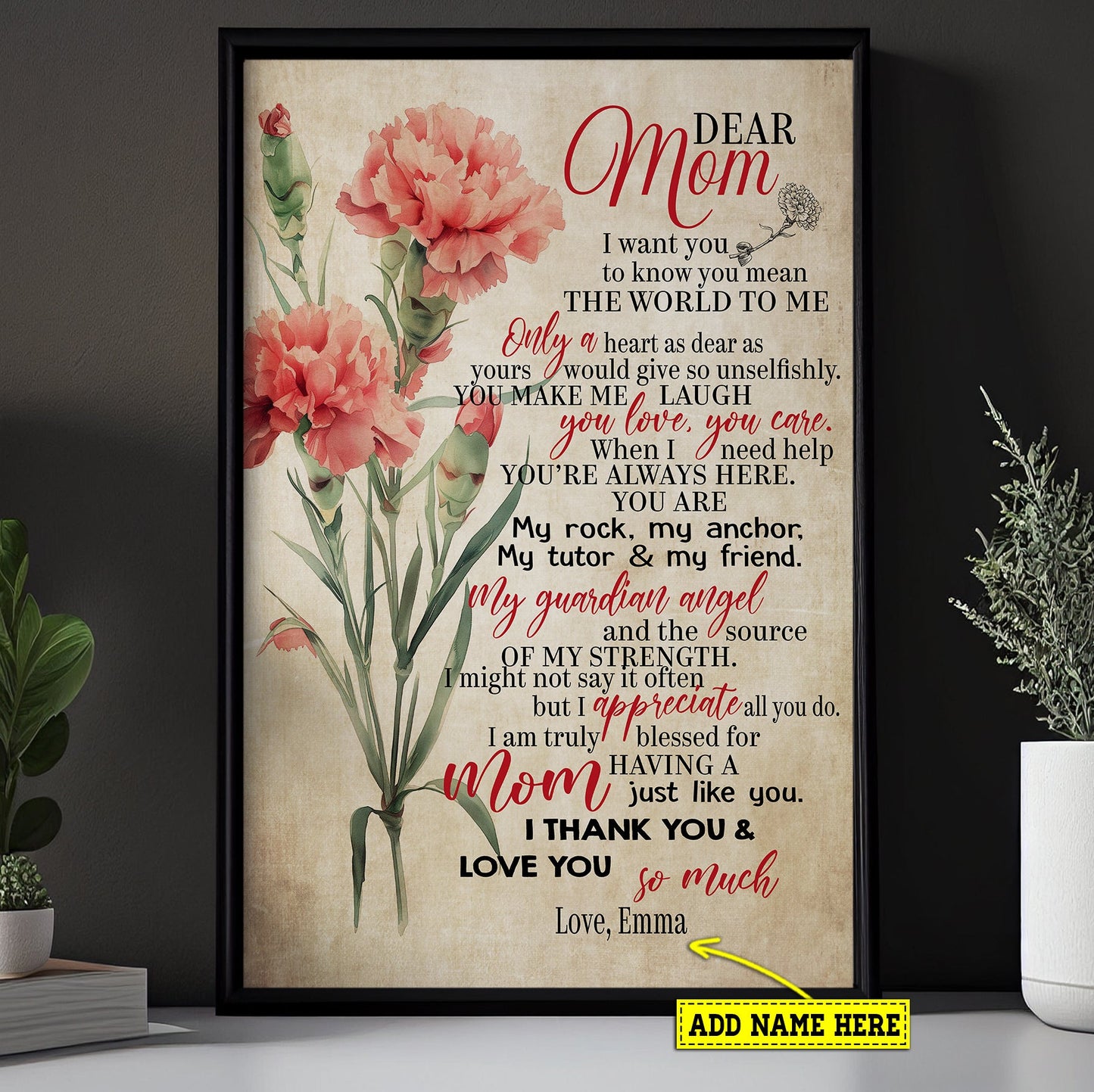 Personalized Mother's Day Canvas Painting, Dear Mom I Want You To Know You Mean The World To Me, Inspirational Quotes Wall Art Decor, Poster Gift For Mom