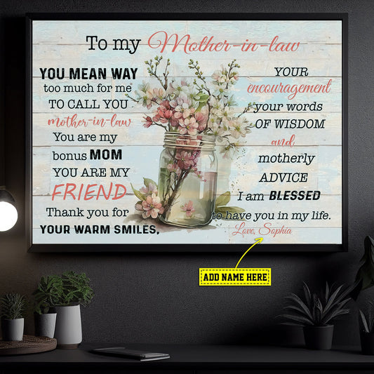 Personalized Mother's Day Canvas Painting, To My Mother In Law You Mean Way Too Much For Me, Inspirational Quotes Wall Art Decor, Poster Gift For Mom