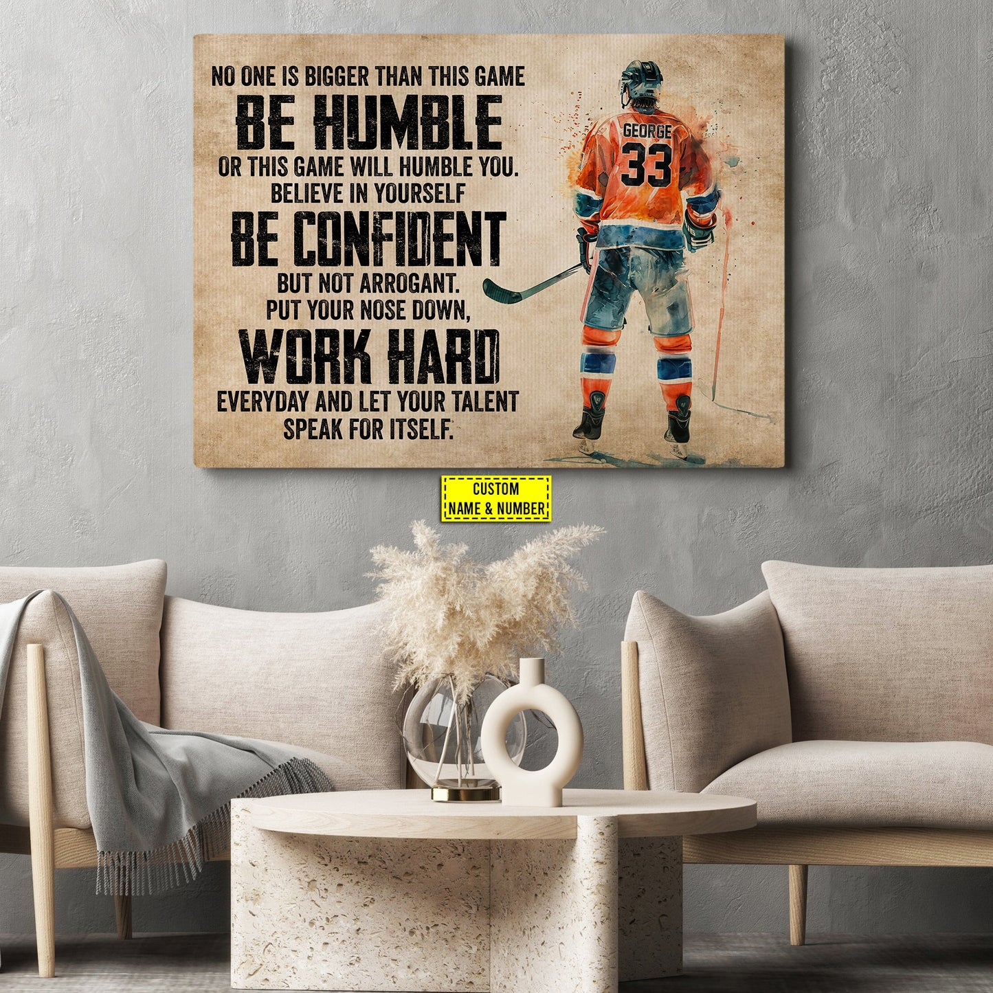 Personalized Motivational Hockey Canvas Painting, Be Humble Be Confident Work Hard, Inspirational Quotes Wall Art Decor, Poster Gift For Hockey Lovers