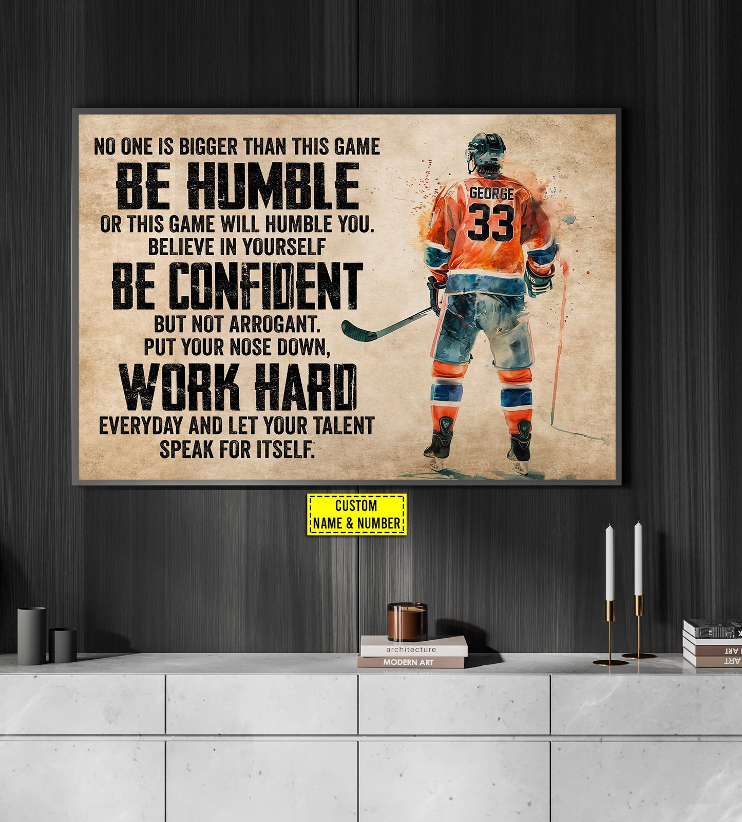 Personalized Motivational Hockey Canvas Painting, Be Humble Be Confident Work Hard, Inspirational Quotes Wall Art Decor, Poster Gift For Hockey Lovers