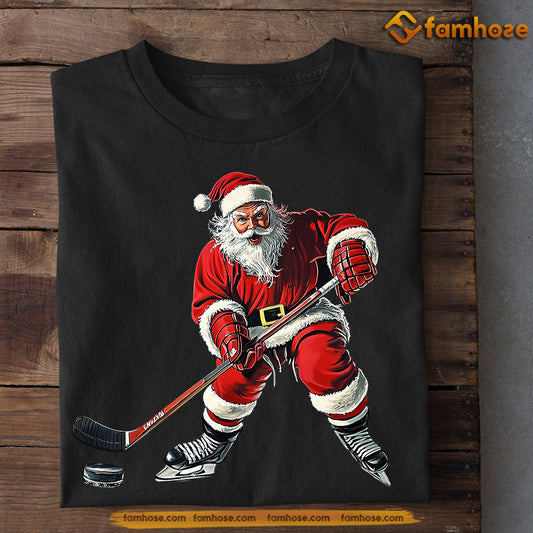 Funny Christmas Hockey T-shirt, Santa Claus Playing Hockey, Xmas Gift For Hockey Lovers