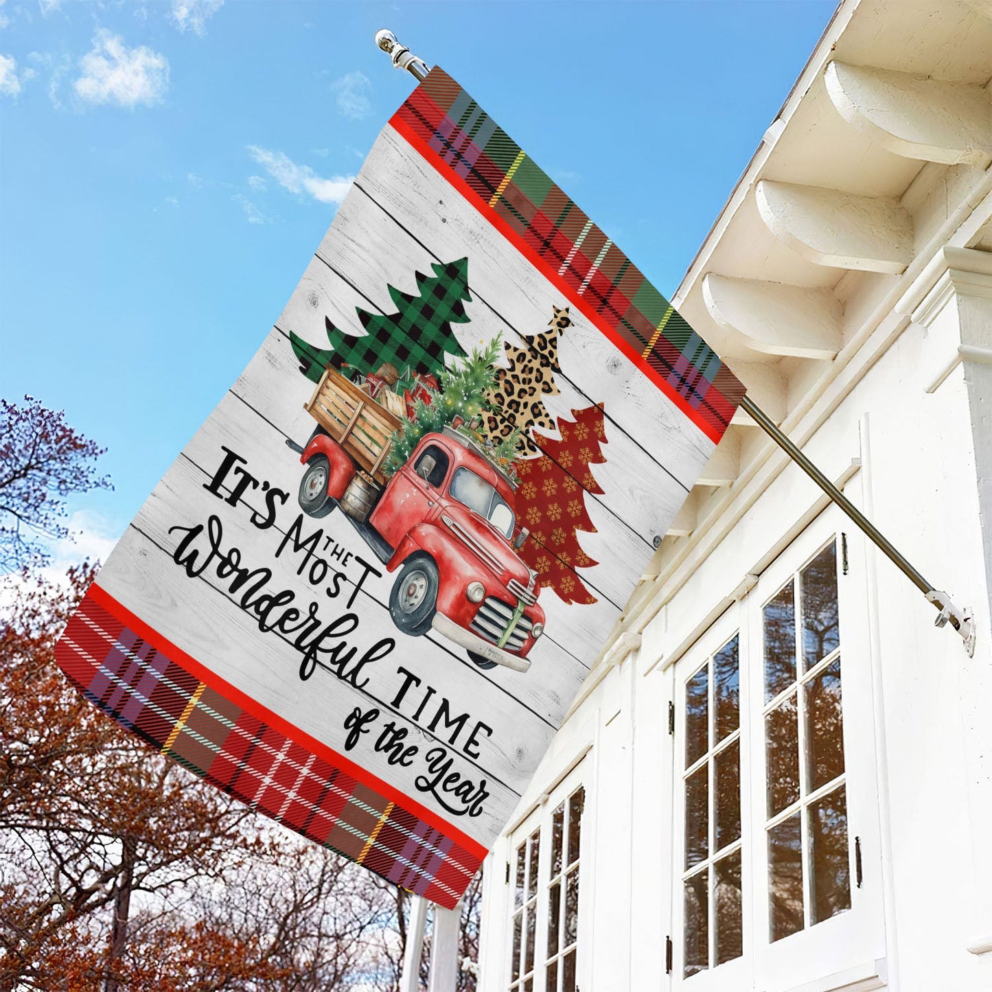 Vintage Truck And Tartan Trees, Farm Xmas Garden Flag & House Flag, Christmas Flag Gift For Farmers, Tractor Lovers Flag