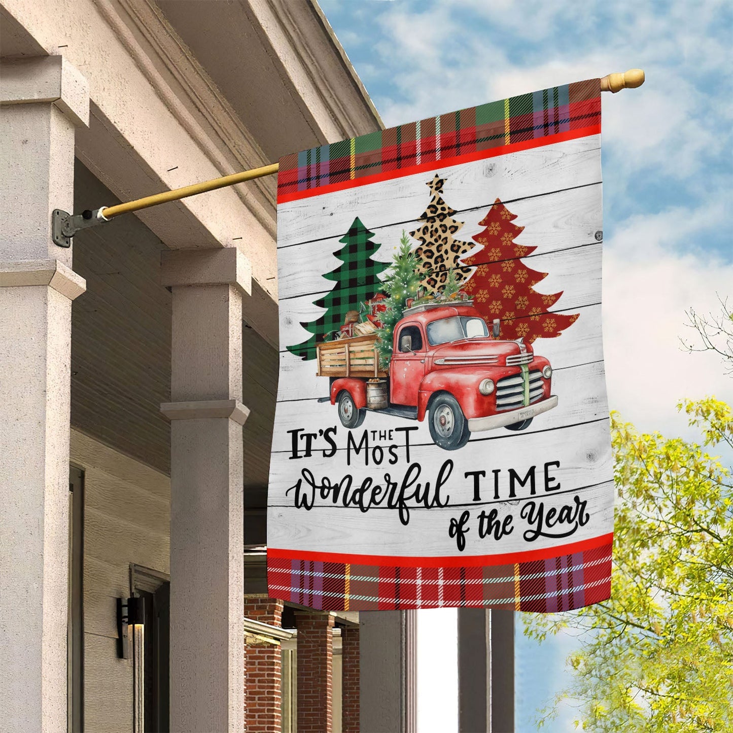 Vintage Truck And Tartan Trees, Farm Xmas Garden Flag & House Flag, Christmas Flag Gift For Farmers, Tractor Lovers Flag