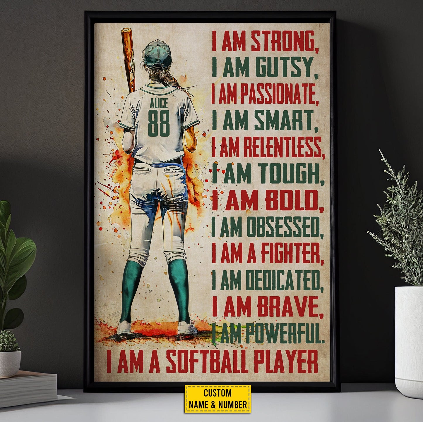 I'm Strong Smart Powerful, Personalized Motivational Softball Canvas Painting, Inspirational Quotes Wall Art Decor, Poster Gift For Softball Lovers