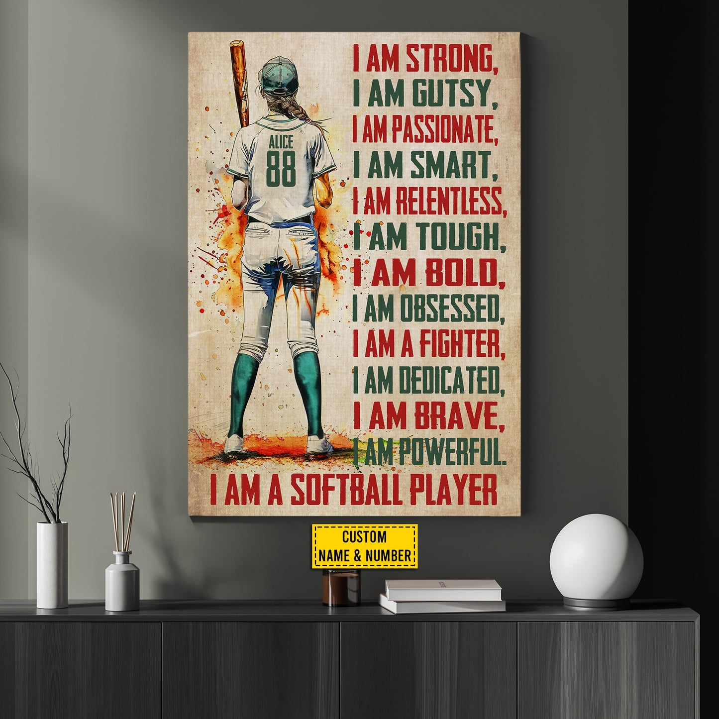 I'm Strong Smart Powerful, Personalized Motivational Softball Canvas Painting, Inspirational Quotes Wall Art Decor, Poster Gift For Softball Lovers