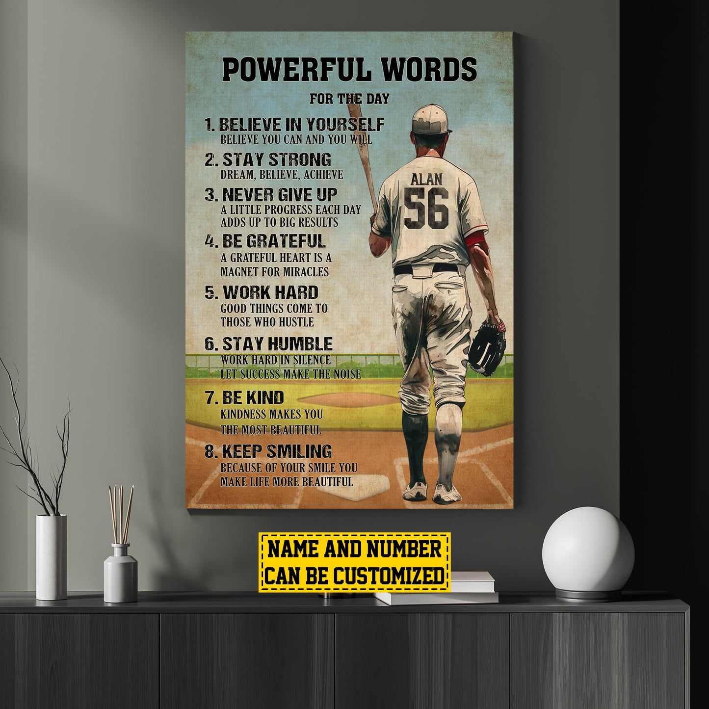 Personalized Baseball Canvas Painting, Powerful Words For The Day, Inspirational Quotes Wall Art Decor, Poster Gift For Baseball Lovers