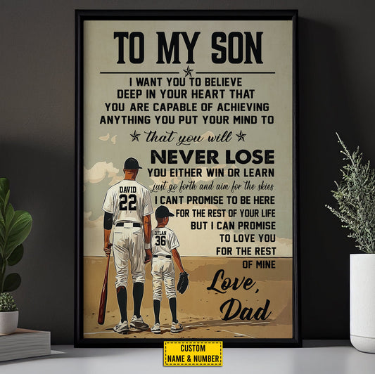 Personalized Baseball Canvas Painting, To My Son Inspirational Quotes Wall Art Decor, Baseball Poster Gift For Son From Dad