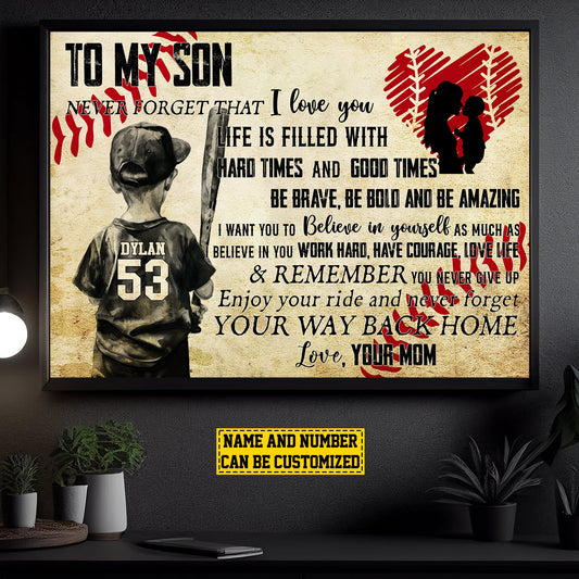 Personalized Motivational Baseball Canvas Painting, To My Son Never Forget Your Way Back Home, Inspirational Quotes Wall Art Decor, Mother's Day Poster Gift For Baseball Lovers