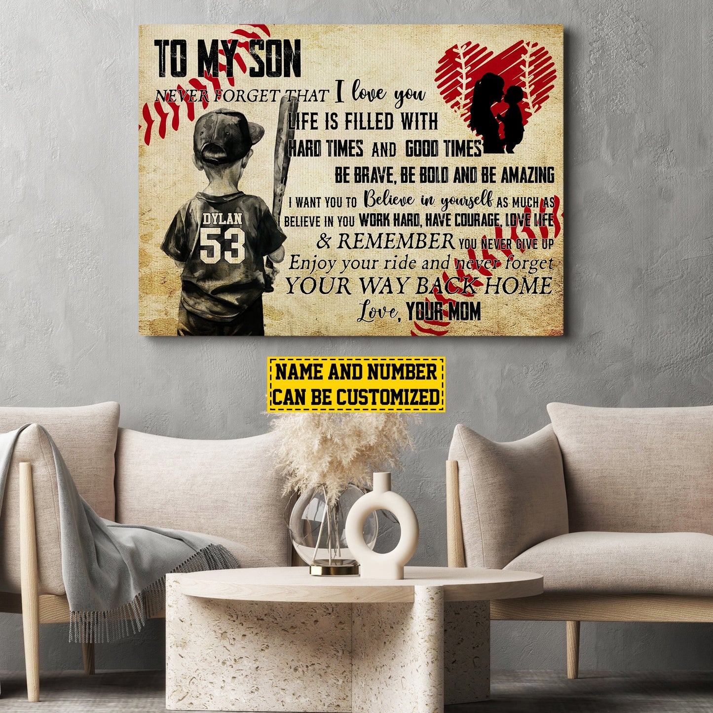 Personalized Motivational Baseball Canvas Painting, To My Son Never Forget Your Way Back Home, Inspirational Quotes Wall Art Decor, Mother's Day Poster Gift For Baseball Lovers