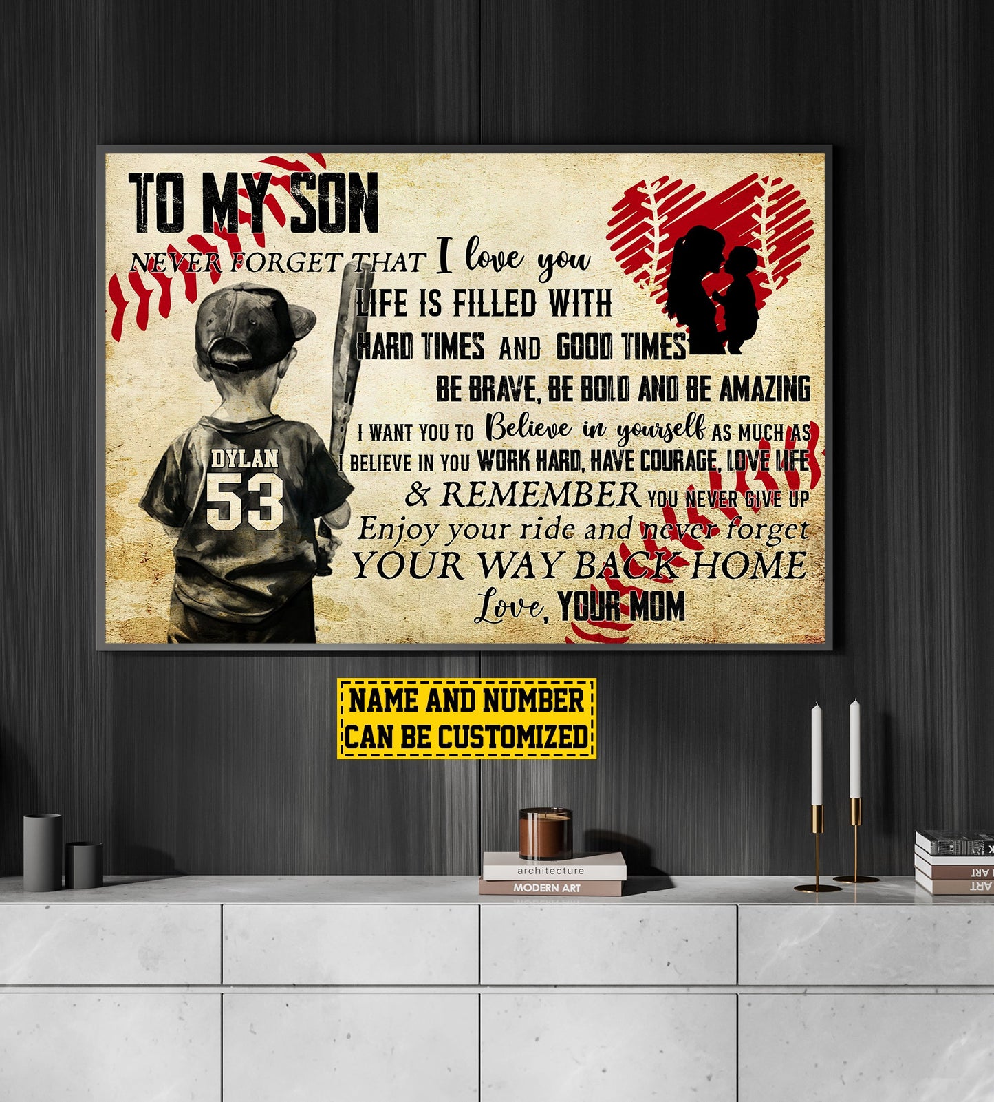 Personalized Motivational Baseball Canvas Painting, To My Son Never Forget Your Way Back Home, Inspirational Quotes Wall Art Decor, Mother's Day Poster Gift For Baseball Lovers