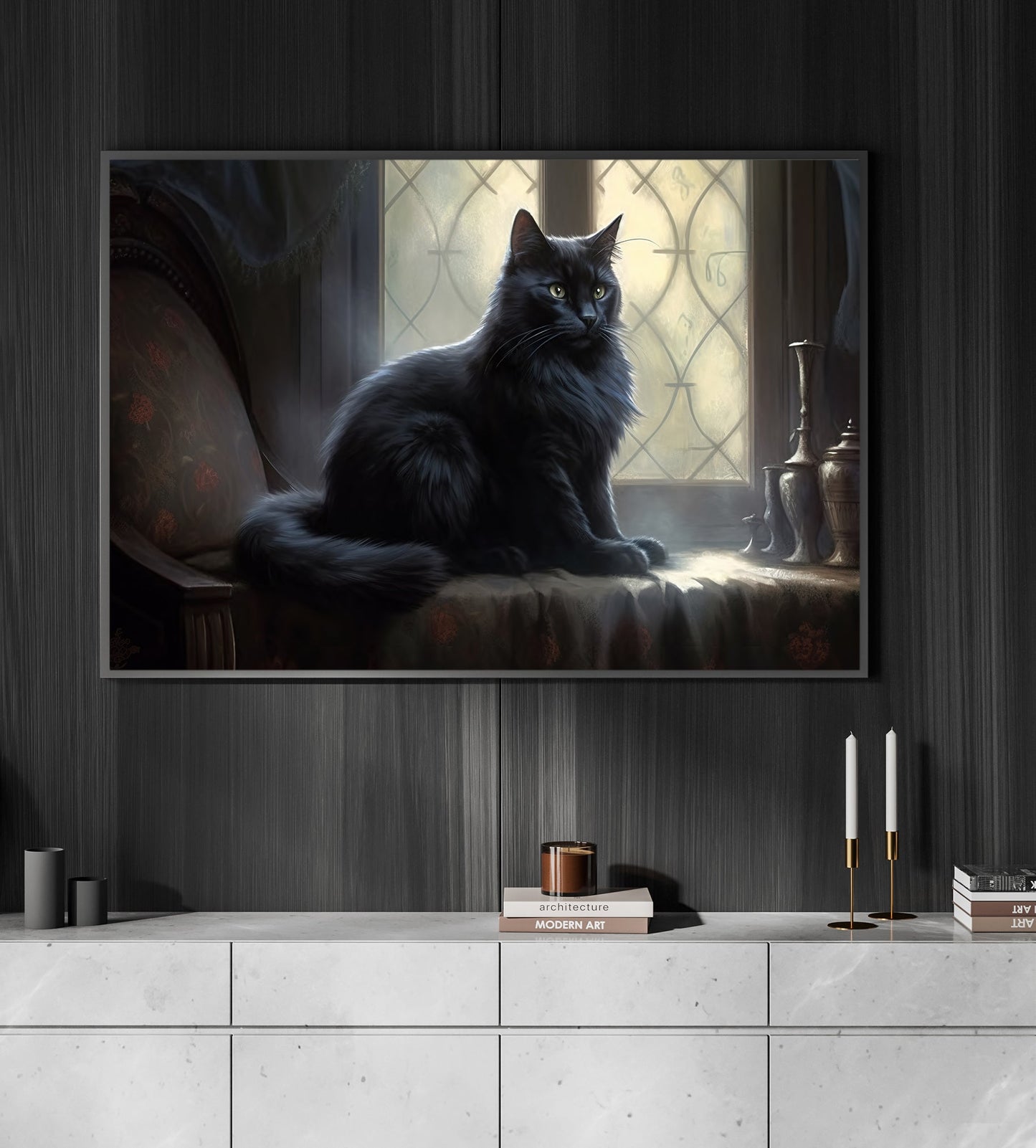 Black Cat Beside The Window Halloween Canvas Painting, Wall Art Decor - Cat Halloween Poster For Home Decor, Home Artwork Decor For Living Room