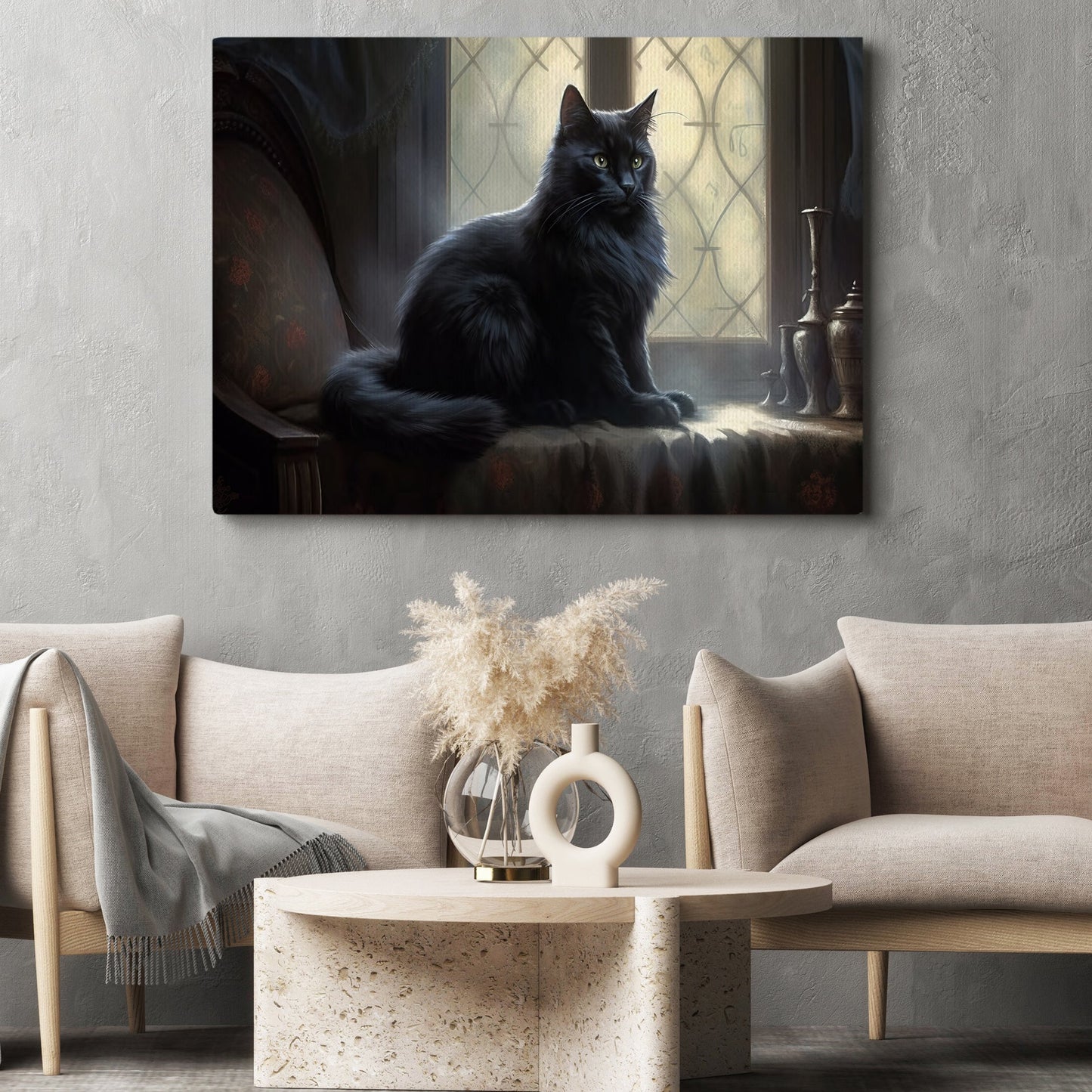 Black Cat Beside The Window Halloween Canvas Painting, Wall Art Decor - Cat Halloween Poster For Home Decor, Home Artwork Decor For Living Room