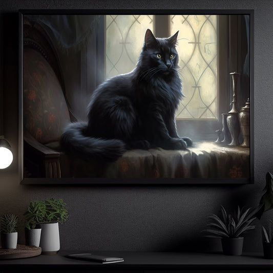 Black Cat Beside The Window Halloween Canvas Painting, Wall Art Decor - Cat Halloween Poster For Home Decor, Home Artwork Decor For Living Room